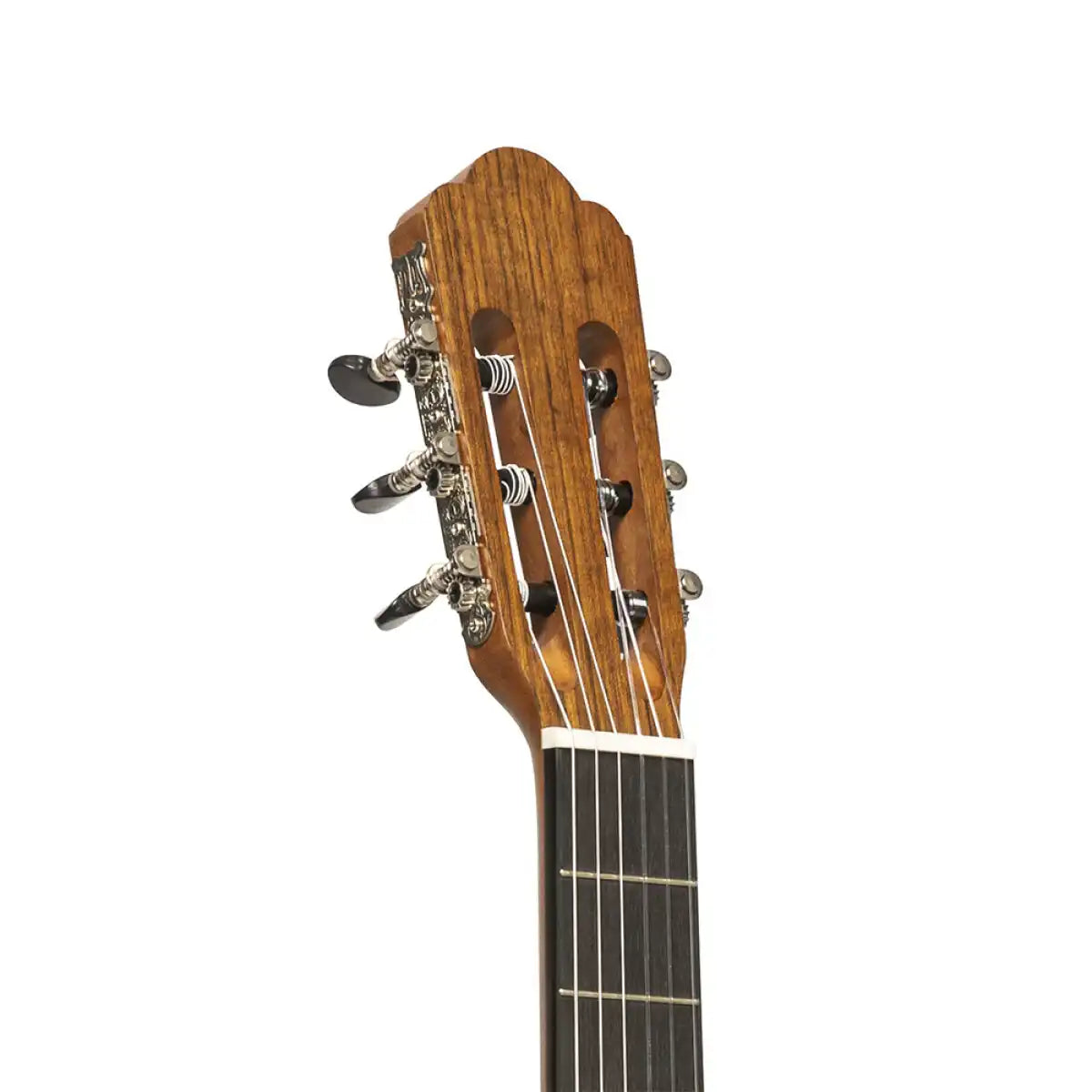 Graciano-CM classical guitar headstock with tuners, angled view