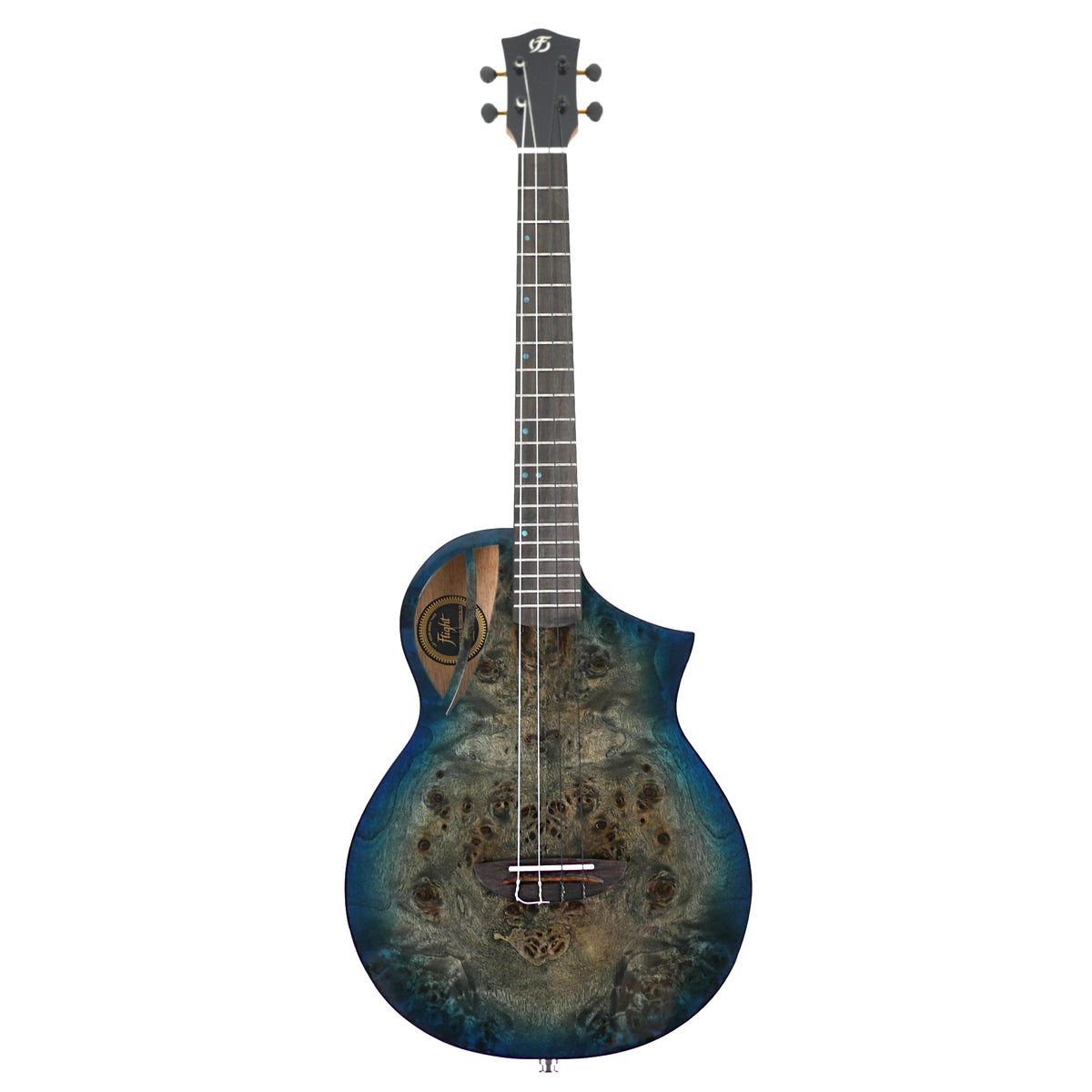 This full front view of the Flight Galaxy BL CE Baritone Ukulele highlights its cutaway body, rosewood fretboard, and offset blue dot markers.