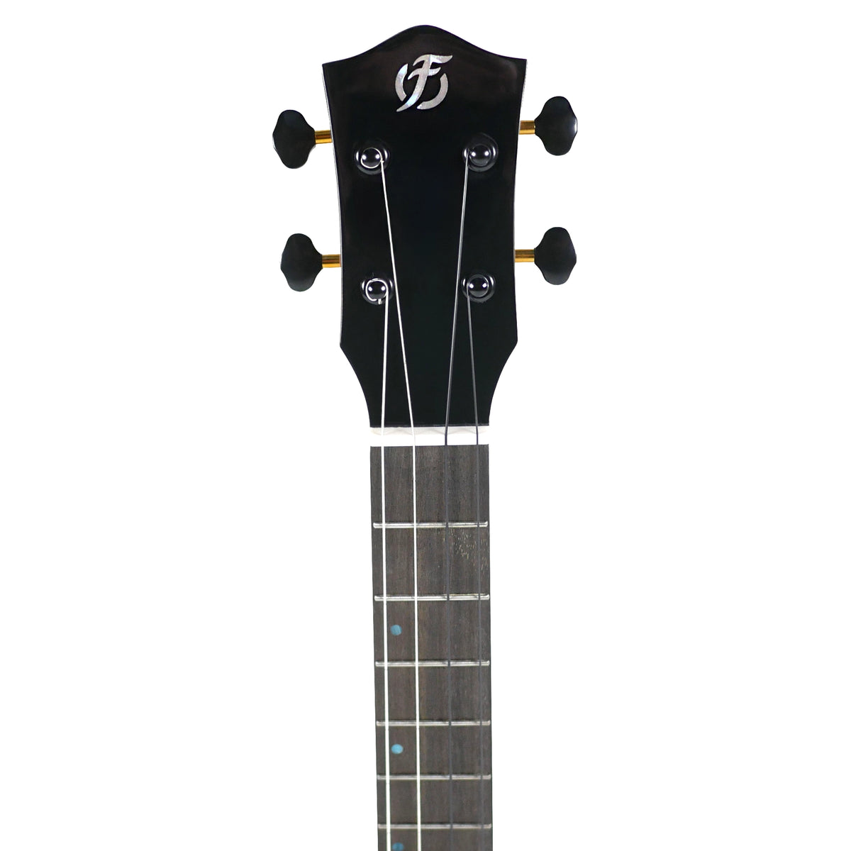 The Flight Galaxy BL CE Baritone Ukulele features a black headstock with black and gold tuners and a bone nut.