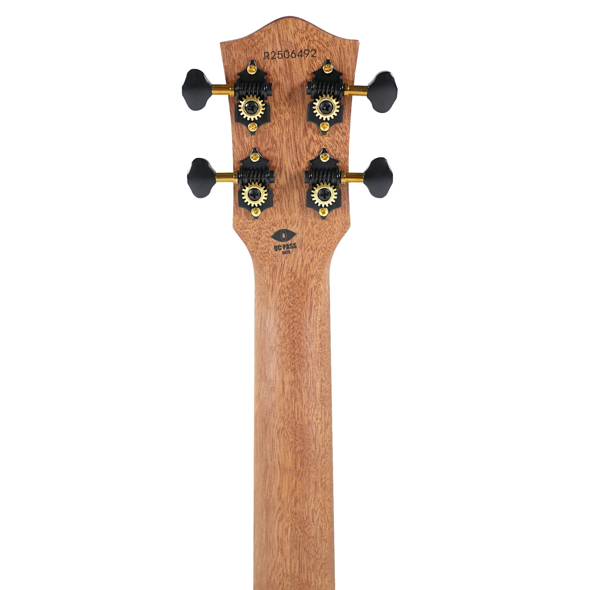 The back of the Flight Galaxy BL CE Baritone Ukulele headstock showcases its black and gold tuners and natural wood construction.