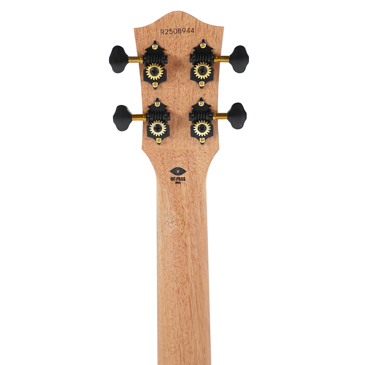The Flight Aviator Galaxy TPP Tenor Ukulele features black and gold tuners on the natural wood back of its headstock.