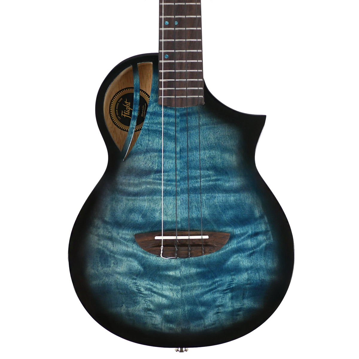 Flight Aviator QM Tenor close-up highlights the Galaxy Blue solid quilted maple top, rosewood bridge, and distinctive soundhole design.