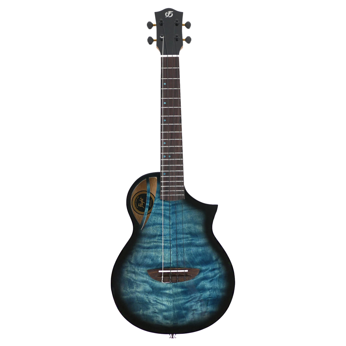 Flight Aviator QM Tenor front view shows the full tenor ukulele with its Galaxy Blue gloss finish, cutaway body, and rosewood fretboard.