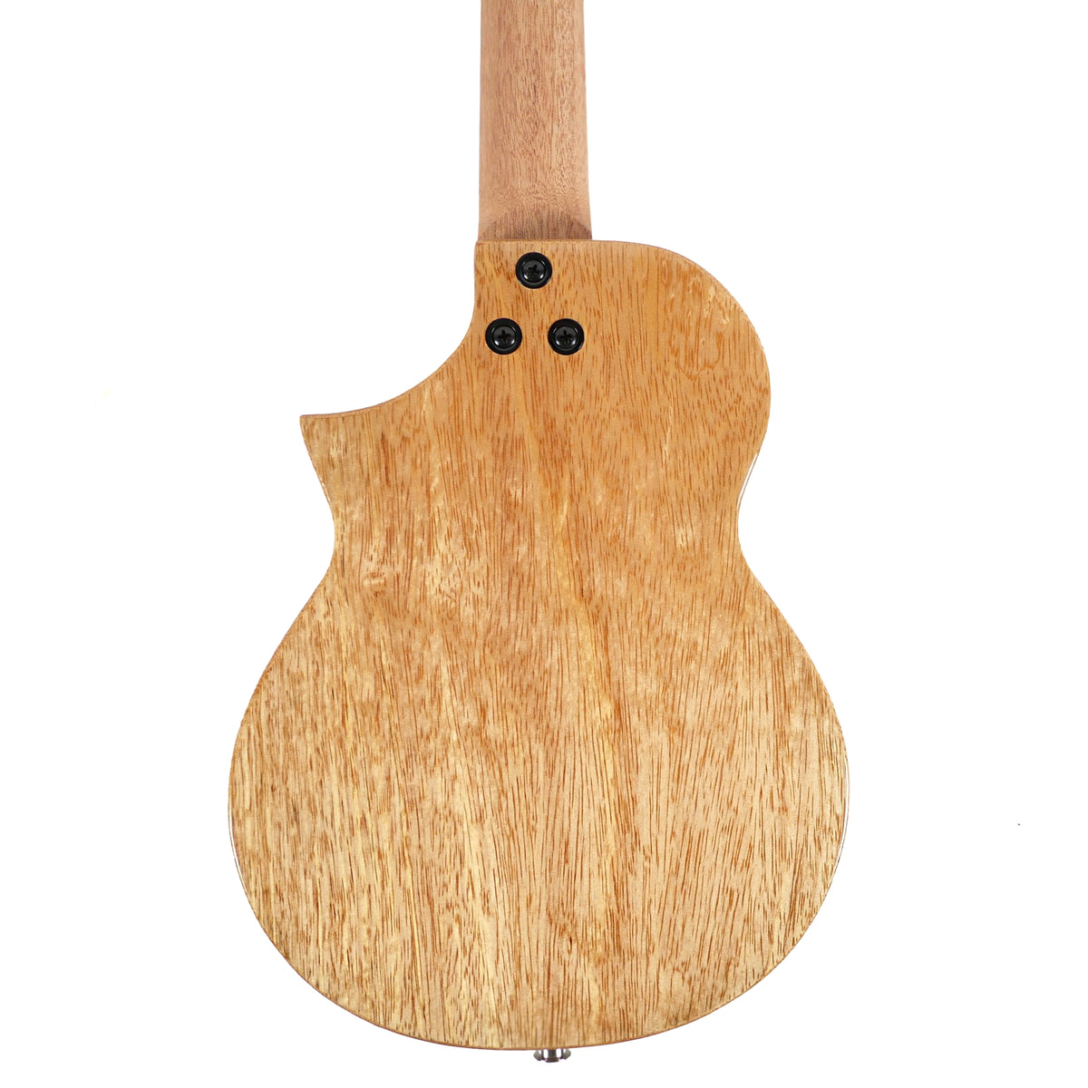 Flight Aviator QM Tenor rear view highlights the natural solid mango back, cutaway body, and onboard passive pickup controls.