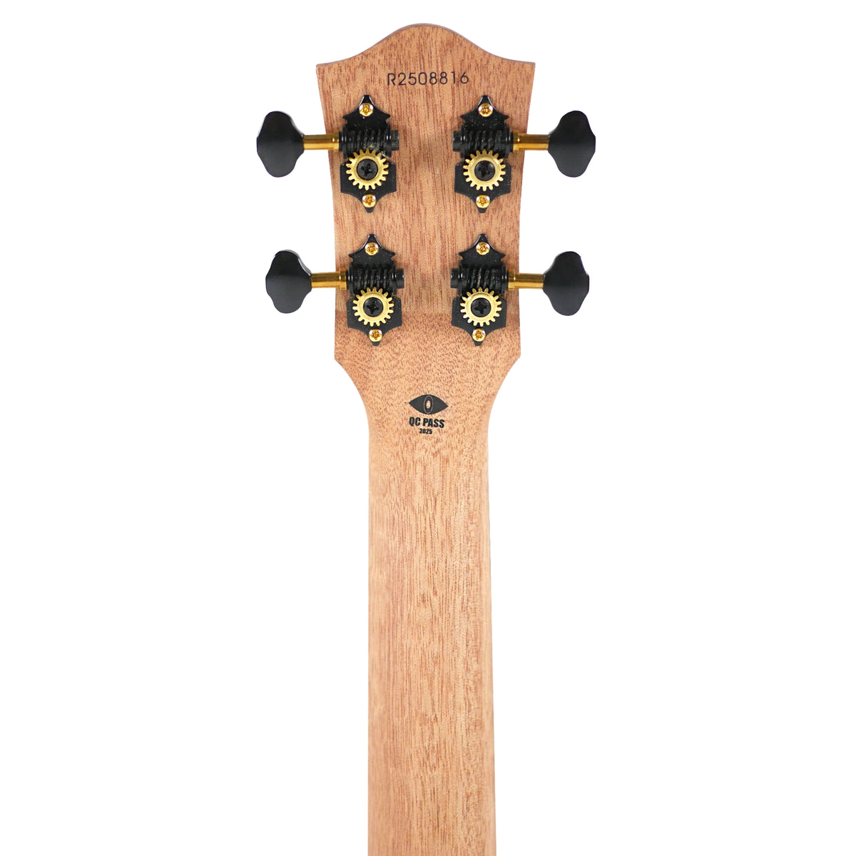 Flight Aviator QM Tenor back headstock view shows the natural Okoume neck and black-and-gold geared tuners.