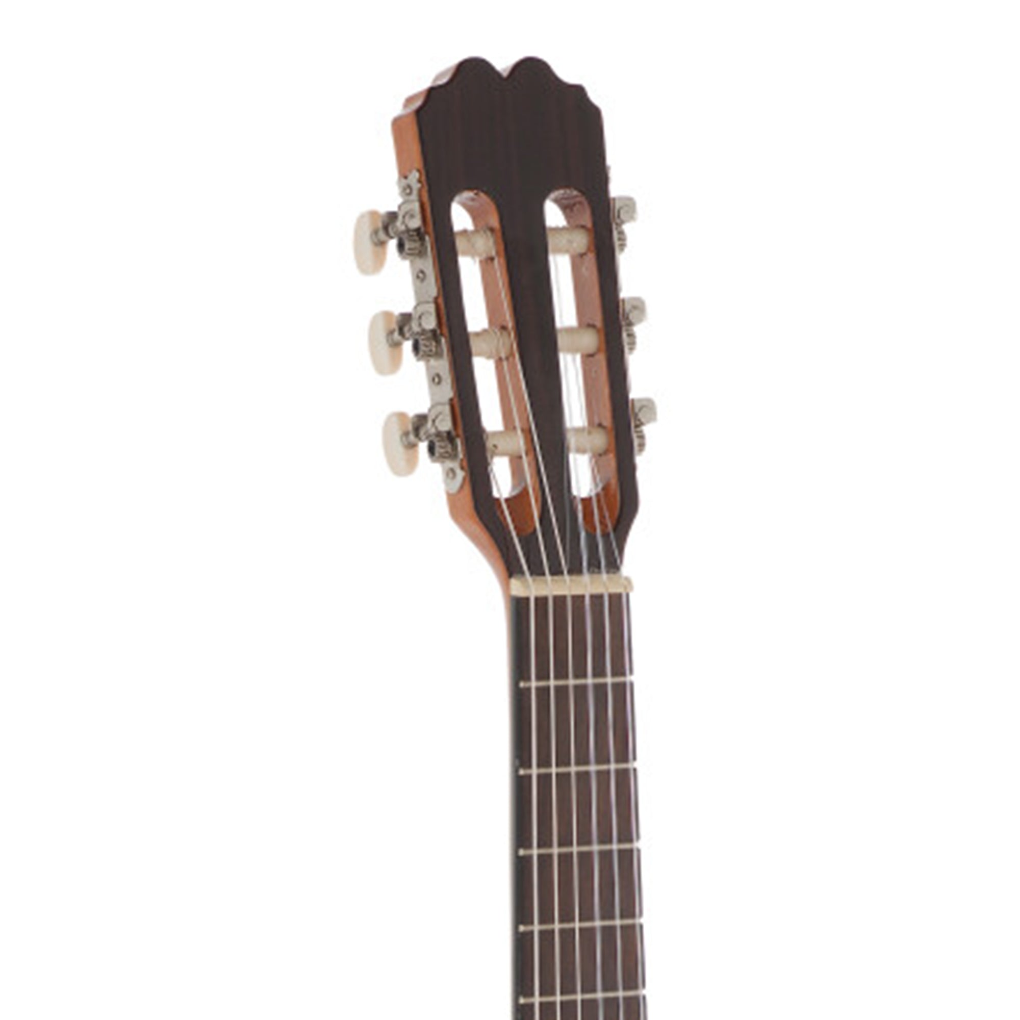 Close-up of a classical guitar's headstock and strings on a white background