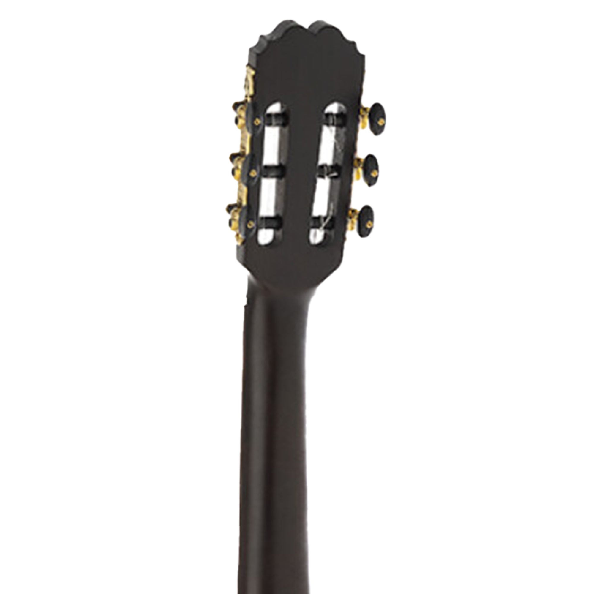 Close-up of a black classical guitar headstock with tuning pegs on a white background