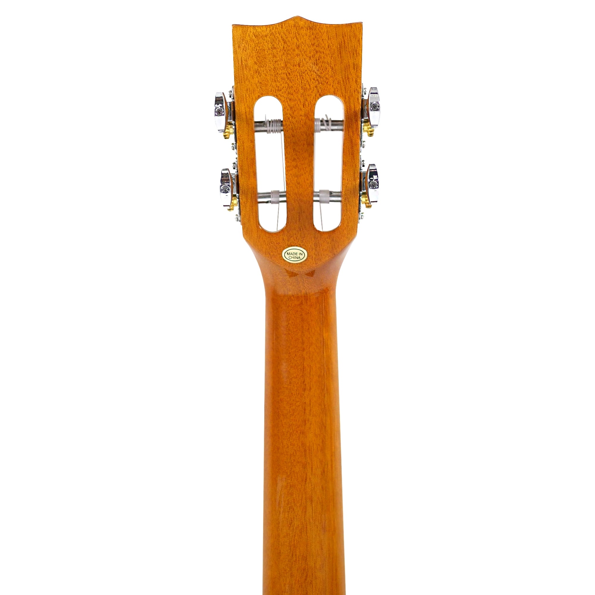 Rear close-up of the classic open-slotted headstock and neck, showing the Grover open-geared tuners and Made in China label.