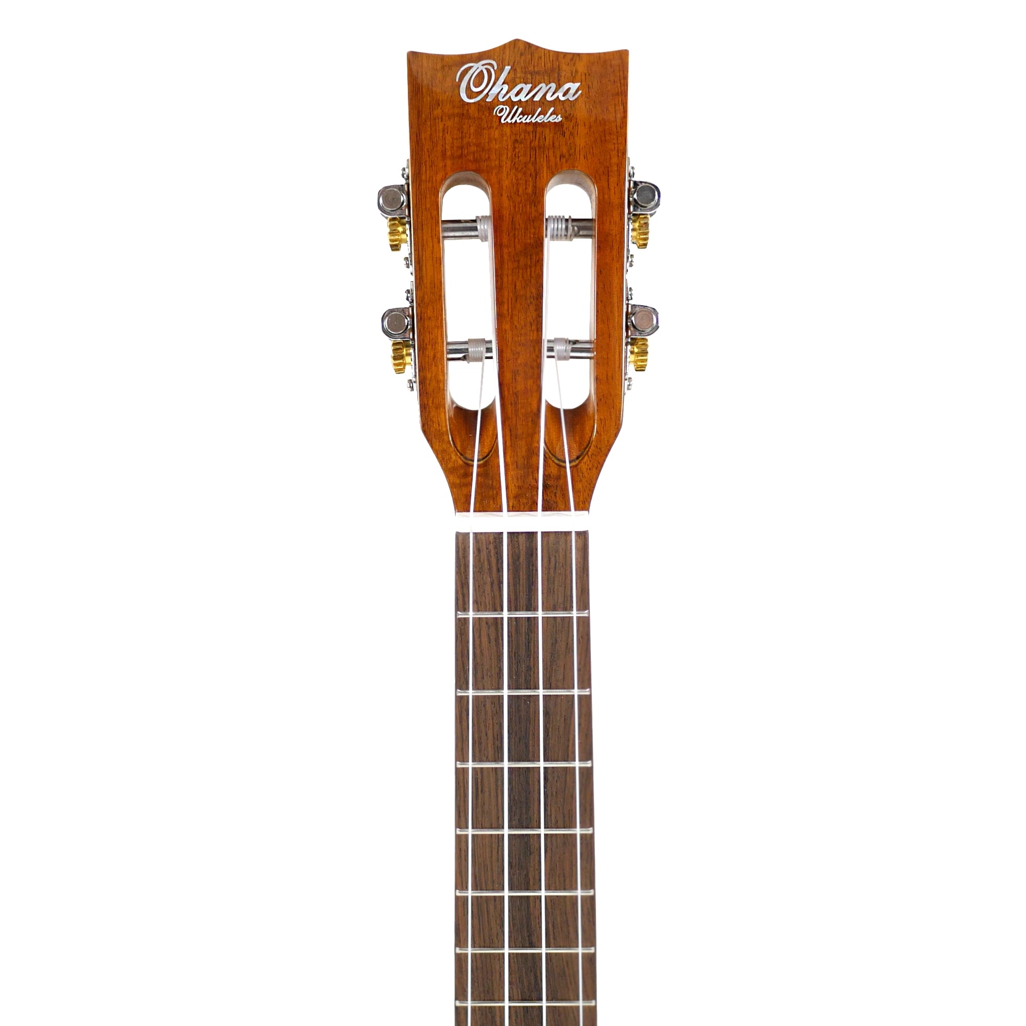 Front close-up of the slotted Ohana headstock, hardwood fretboard, bone nut, Aquila strings, and open-geared tuners.