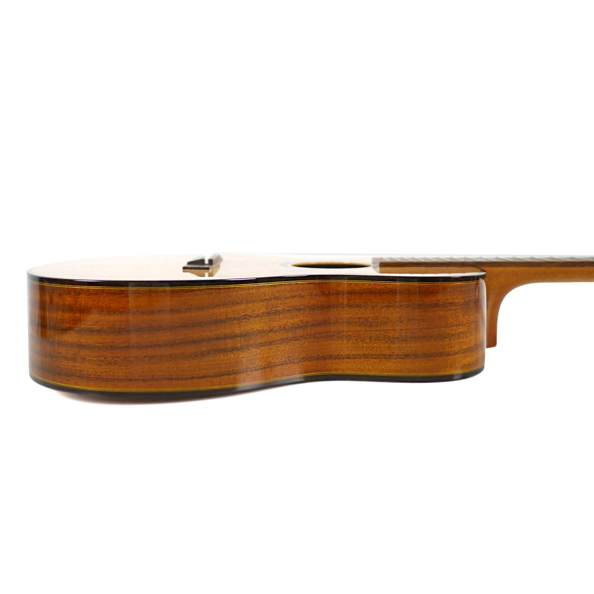Side profile showing the glossy laminated acacia sides, contrasting binding, and body depth of the Ohana BKT-250G.