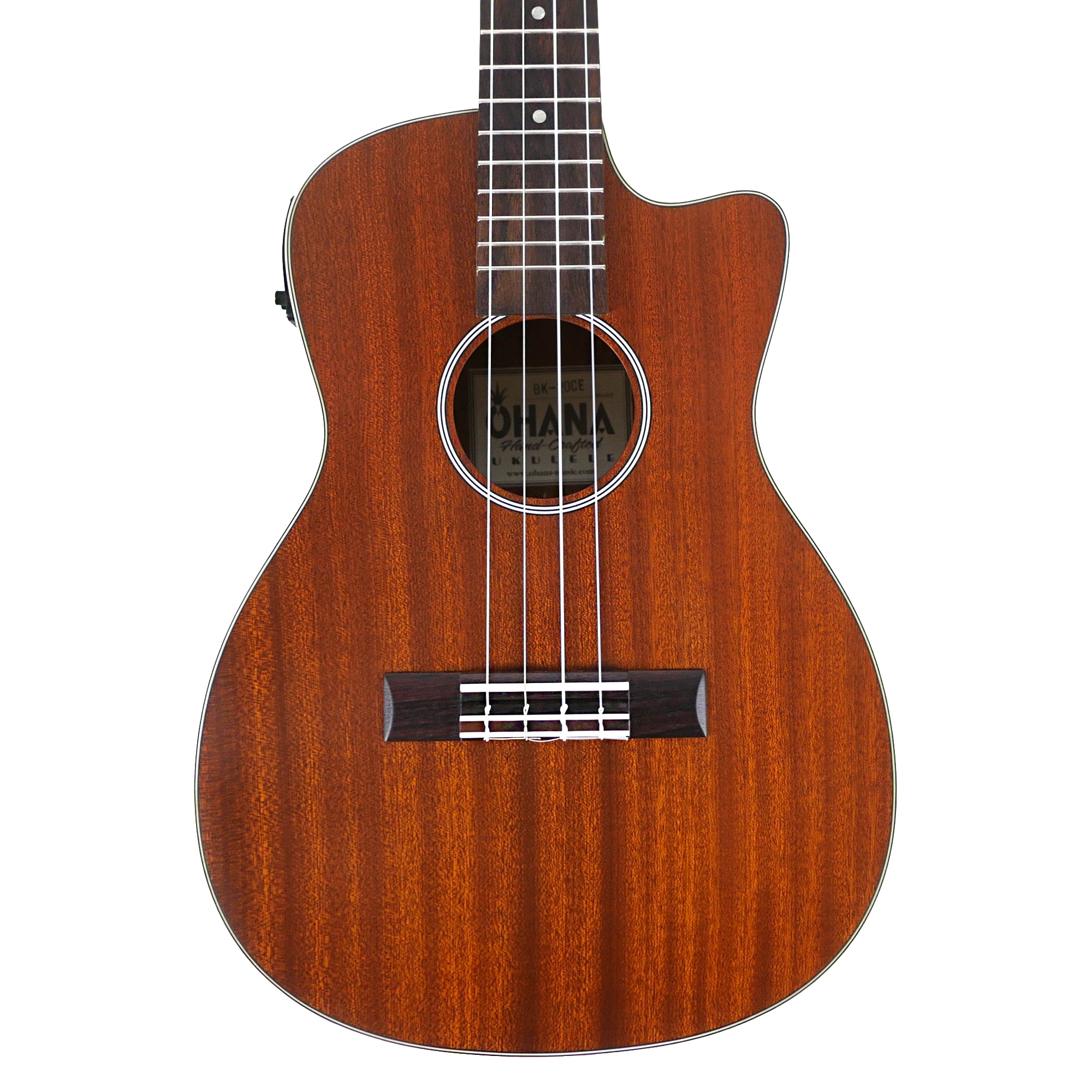 Close-up front view of the Ohana BK-20CE baritone ukulele highlighting its solid mahogany top, hardwood bridge, cream binding, and decorative rosette.