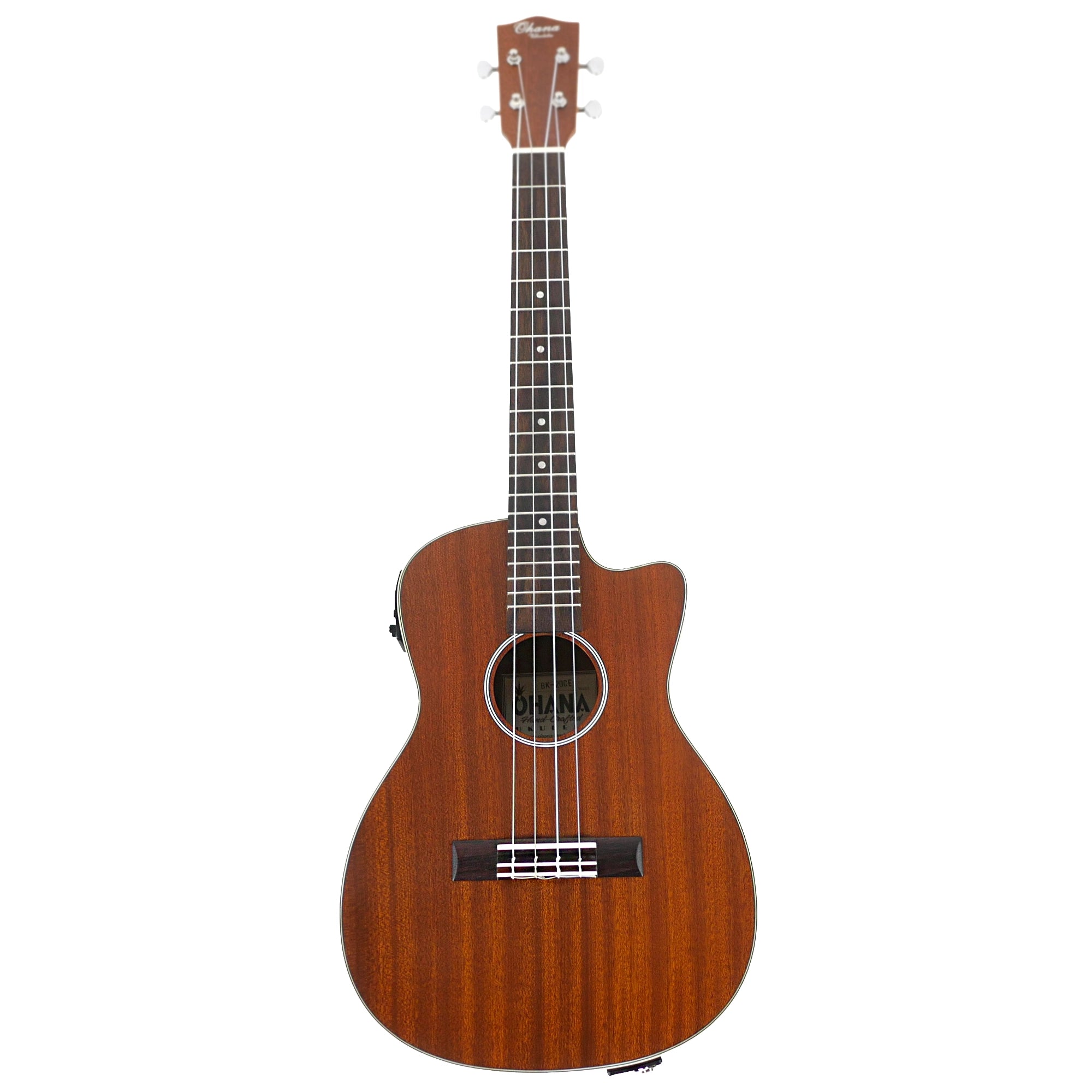 Full front view of the Ohana BK-20CE showcasing its cutaway body, solid mahogany top, hardwood fretboard, and onboard electronics.