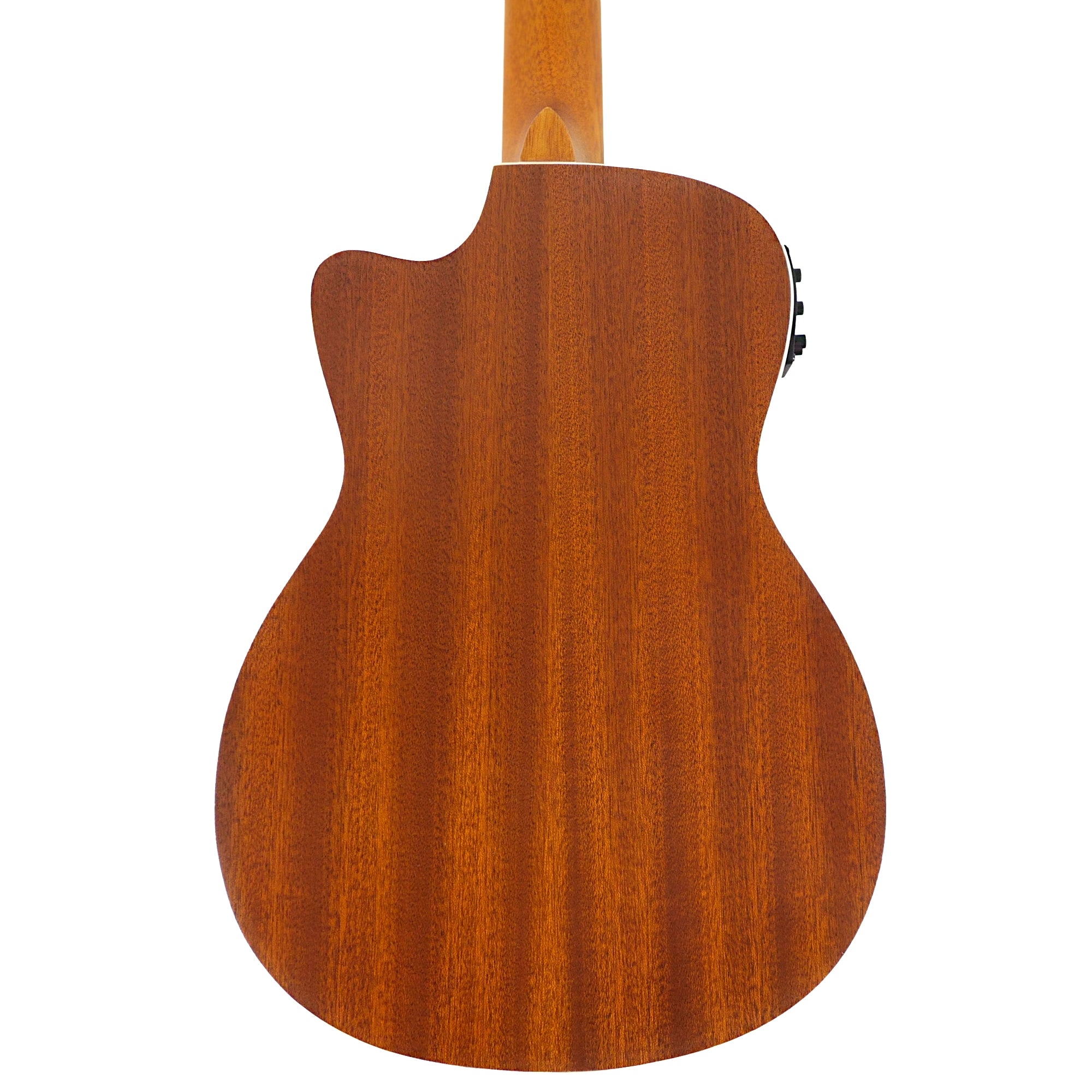 Rear view of the Ohana BK-20CE highlighting its mahogany laminate back, satin finish, and cutaway design.