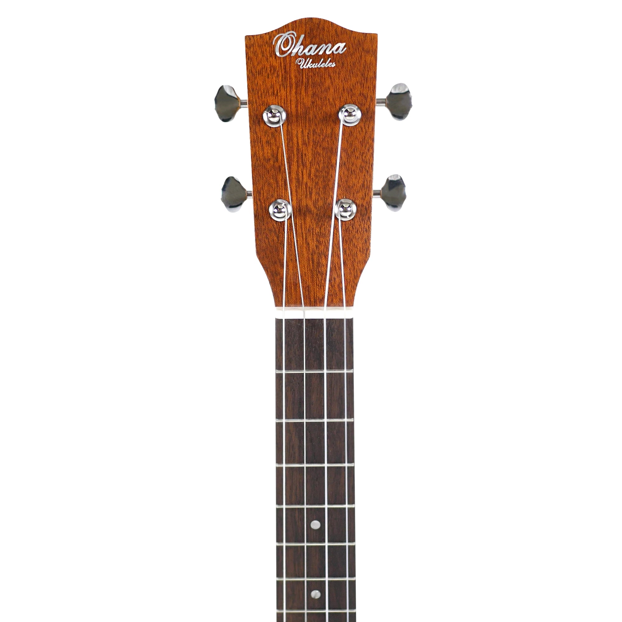 Front close-up of the Ohana headstock and hardwood fretboard with pearloid dot markers and chrome tuning hardware.