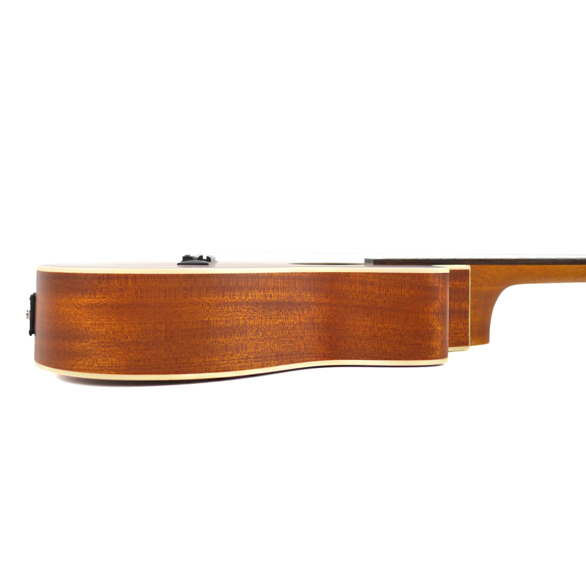 Side profile of the Ohana BK-20CE showing its mahogany laminate sides, cream binding, and satin finish.