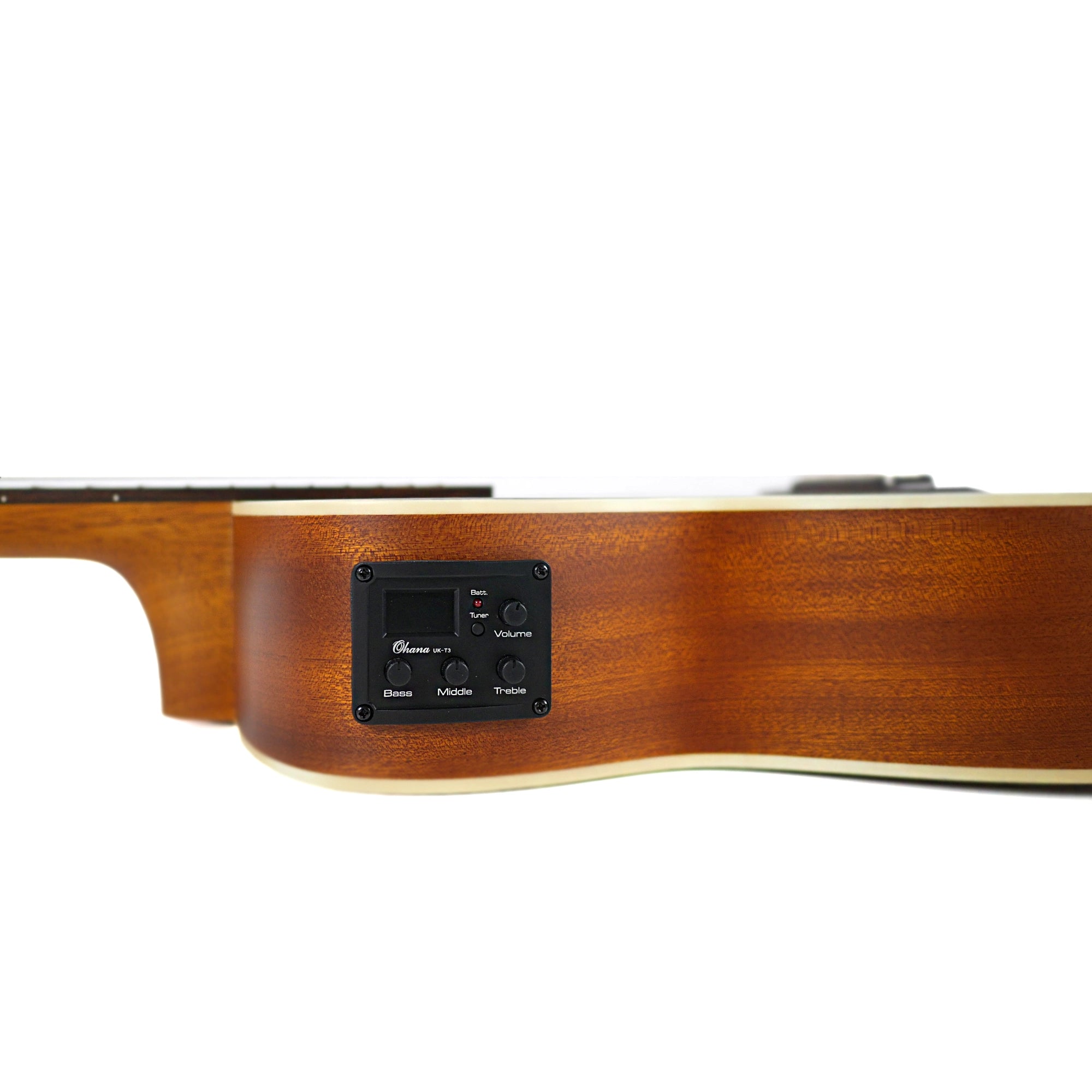 Close-up side view of the Ohana BK-20CE highlighting the onboard active pickup system with tuner, volume, bass, middle, and treble controls.
