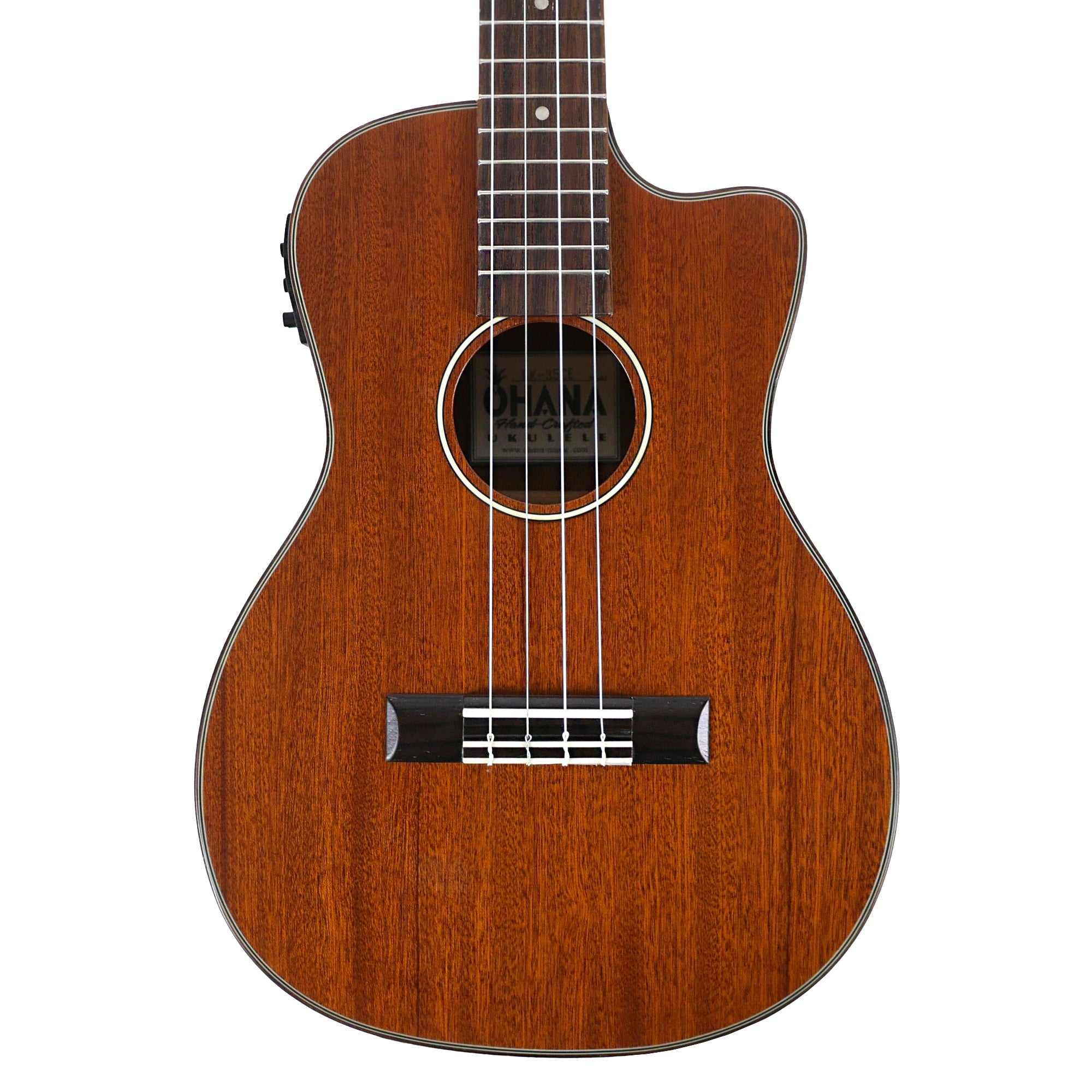 Close-up front view of the Ohana BK-35CE, highlighting its solid mahogany top, cutaway body, hardwood bridge, and black/white/black rosette.
