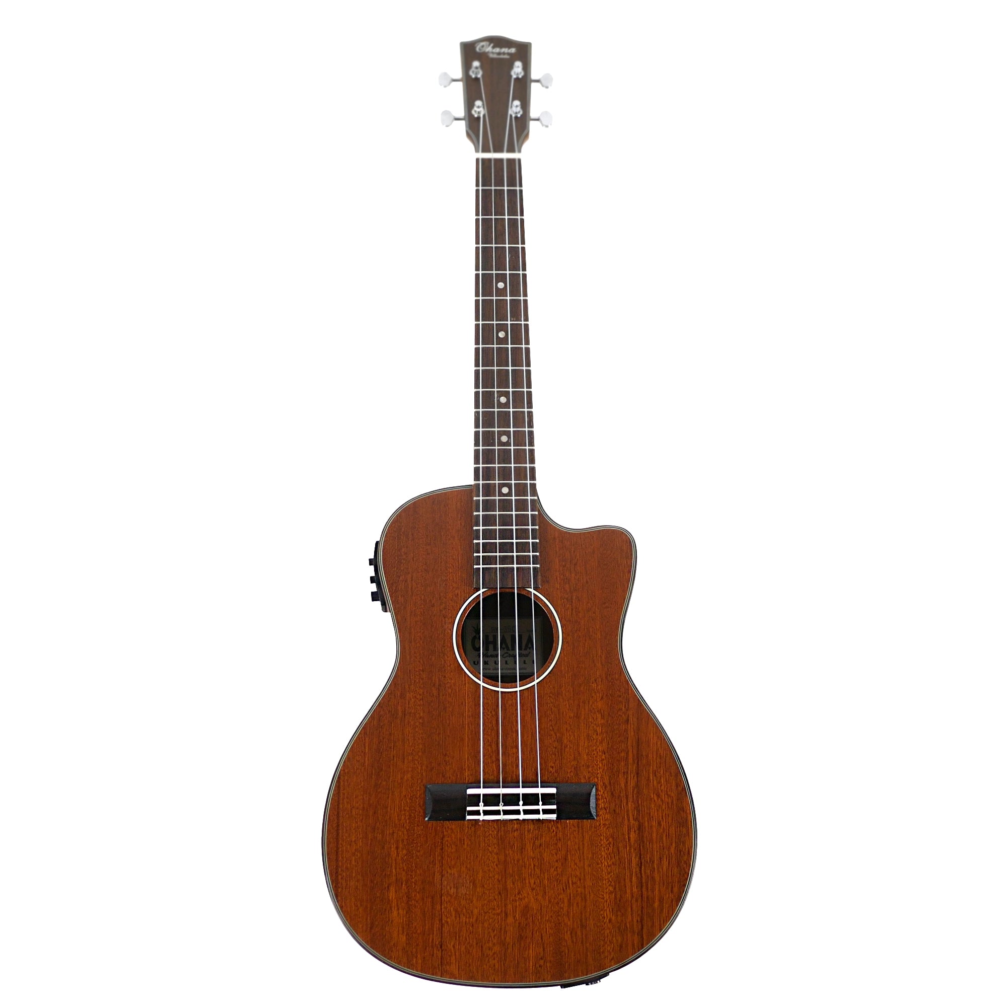 Full front view of the Ohana BK-35CE baritone ukulele, showing its gloss mahogany body, cutaway design, dark fretboard, and pearloid dot markers.