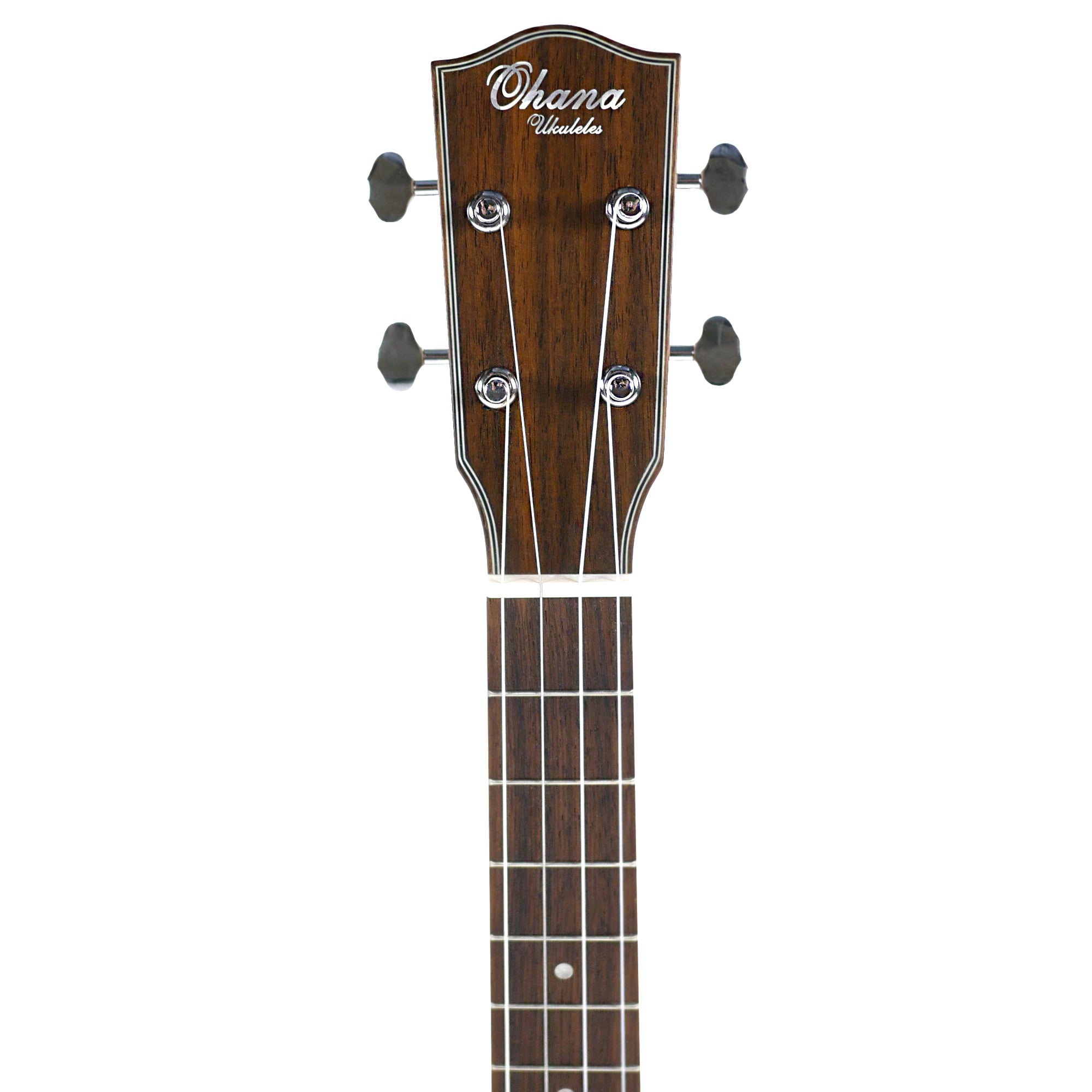 Close-up of the front headstock and fretboard, featuring the Ohana logo, decorative purfling, chrome tuners with black buttons, and pearloid fret markers.