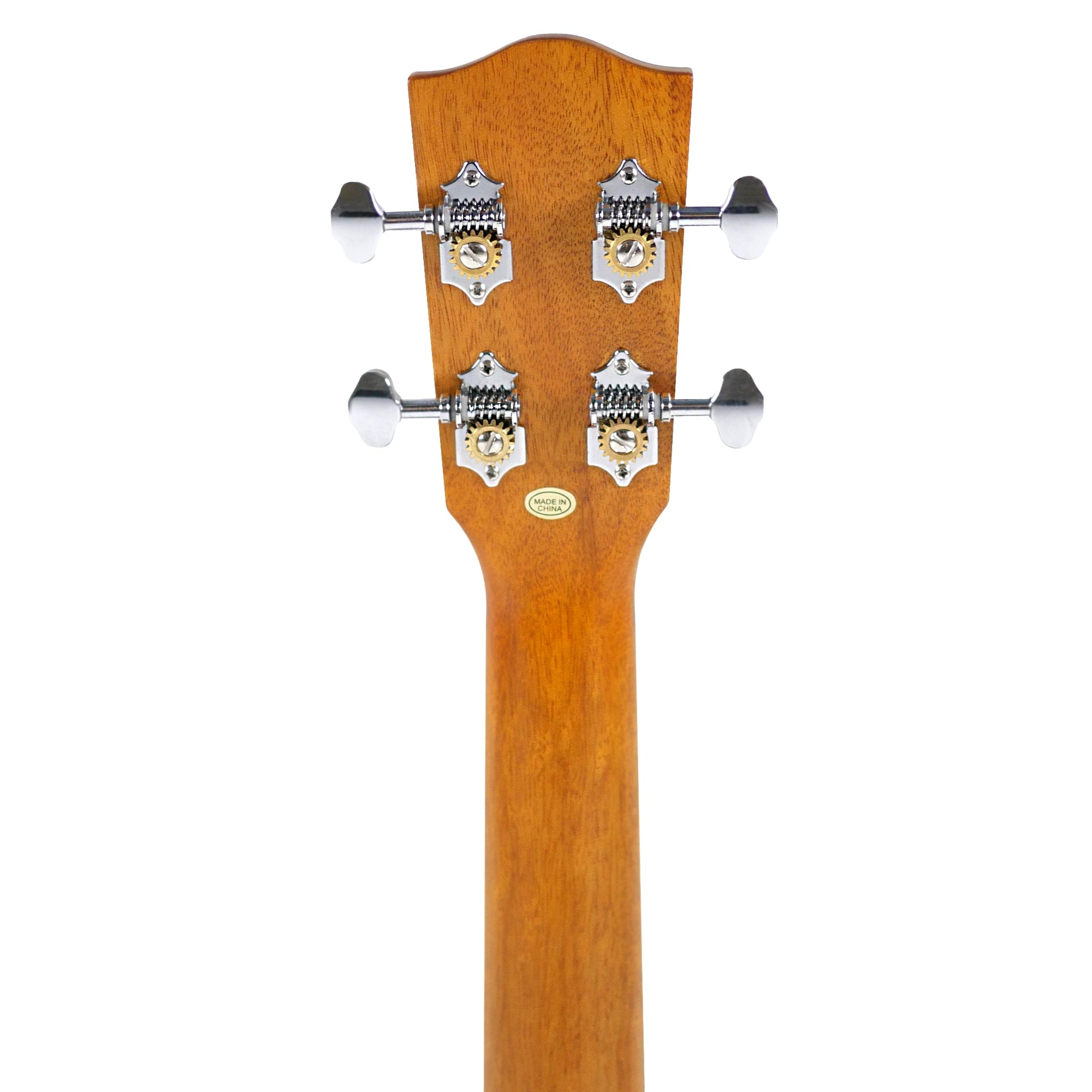 Rear view of the headstock and neck, showing the mahogany finish and four chrome Grover open-geared tuners with black buttons.