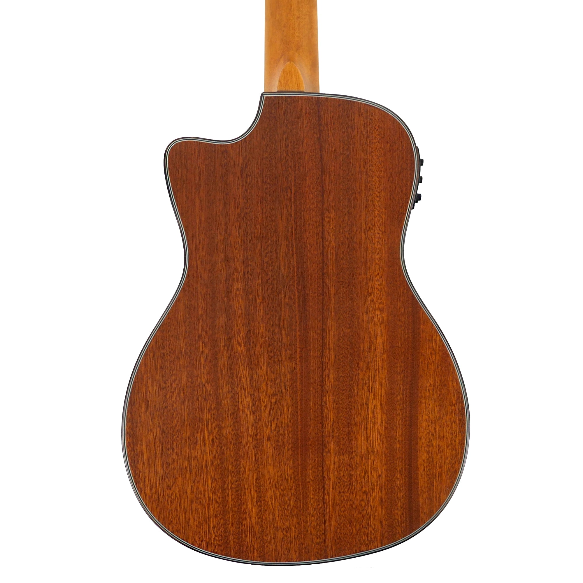 Rear view of the BK-35CE body, highlighting the solid mahogany back, gloss finish, cutaway shape, and hardwood binding.