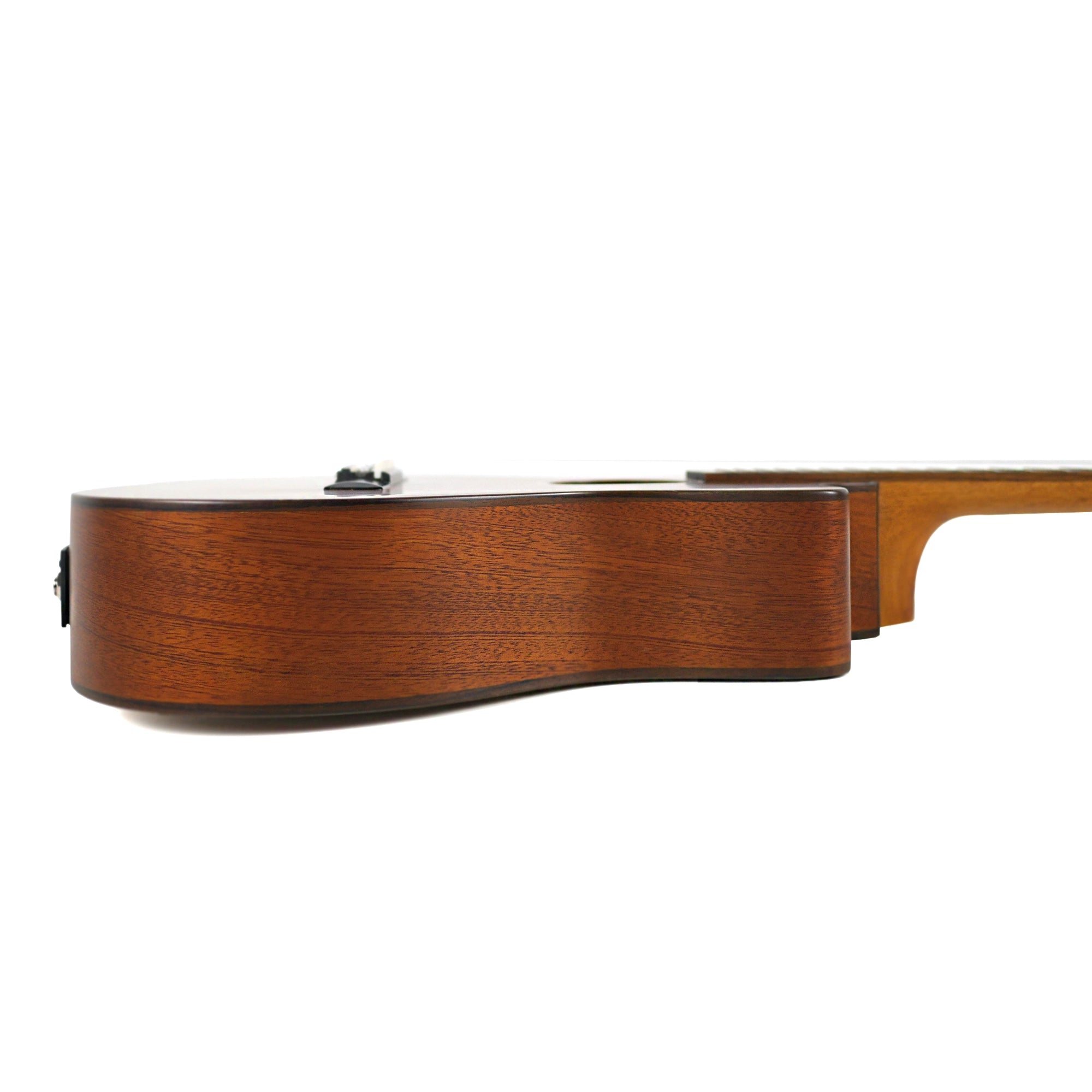 Side profile of the BK-35CE, showing the solid mahogany sides, gloss finish, dark hardwood binding, and body depth.