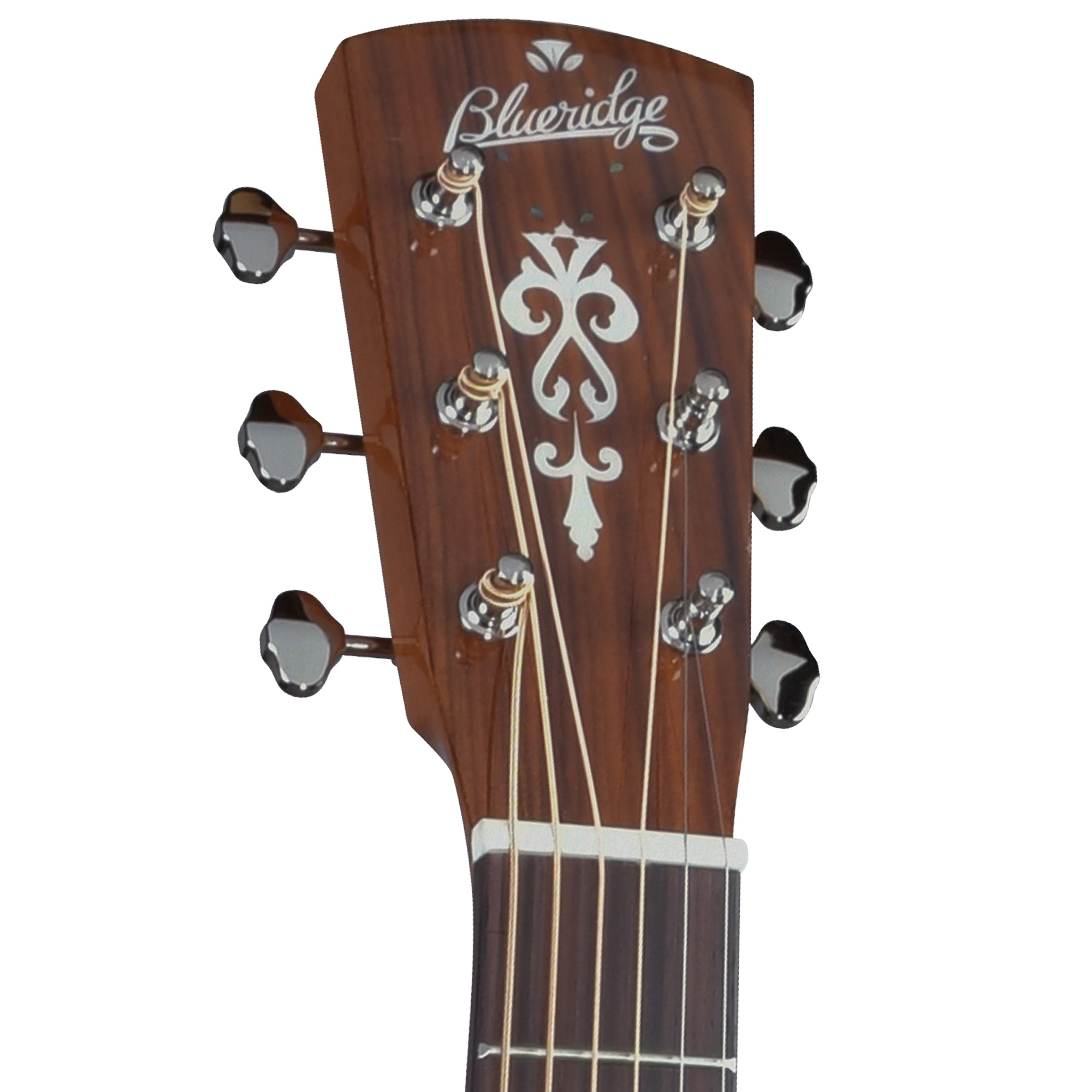 Close-up of the headstock of a Blueridge acoustic guitar, showing the dark brown wood grain, silver tuning pegs, and white decorative inlay on a white background.