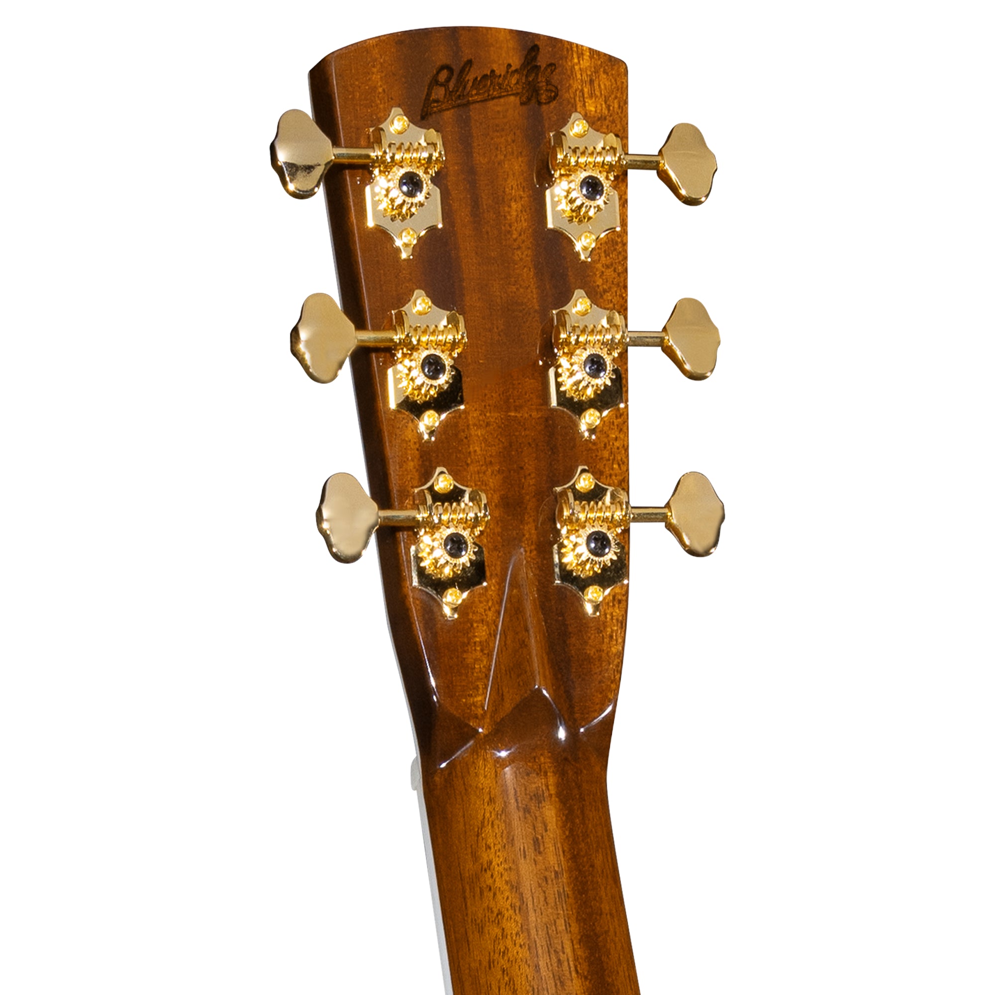 Close-up of the headstock of a wooden stringed instrument, showing six gold tuning pegs and a glossy brown wood finish on a white background.
