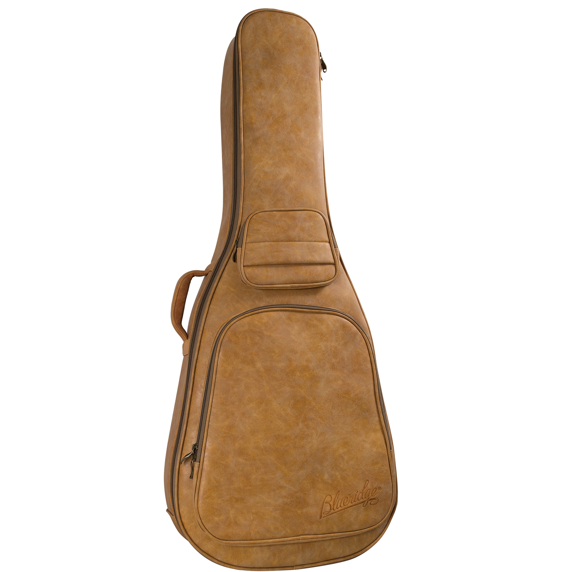 A tan faux-leather guitar or ukulele case with a front zippered pocket and a small embossed logo near the bottom right, shown on a plain white background.