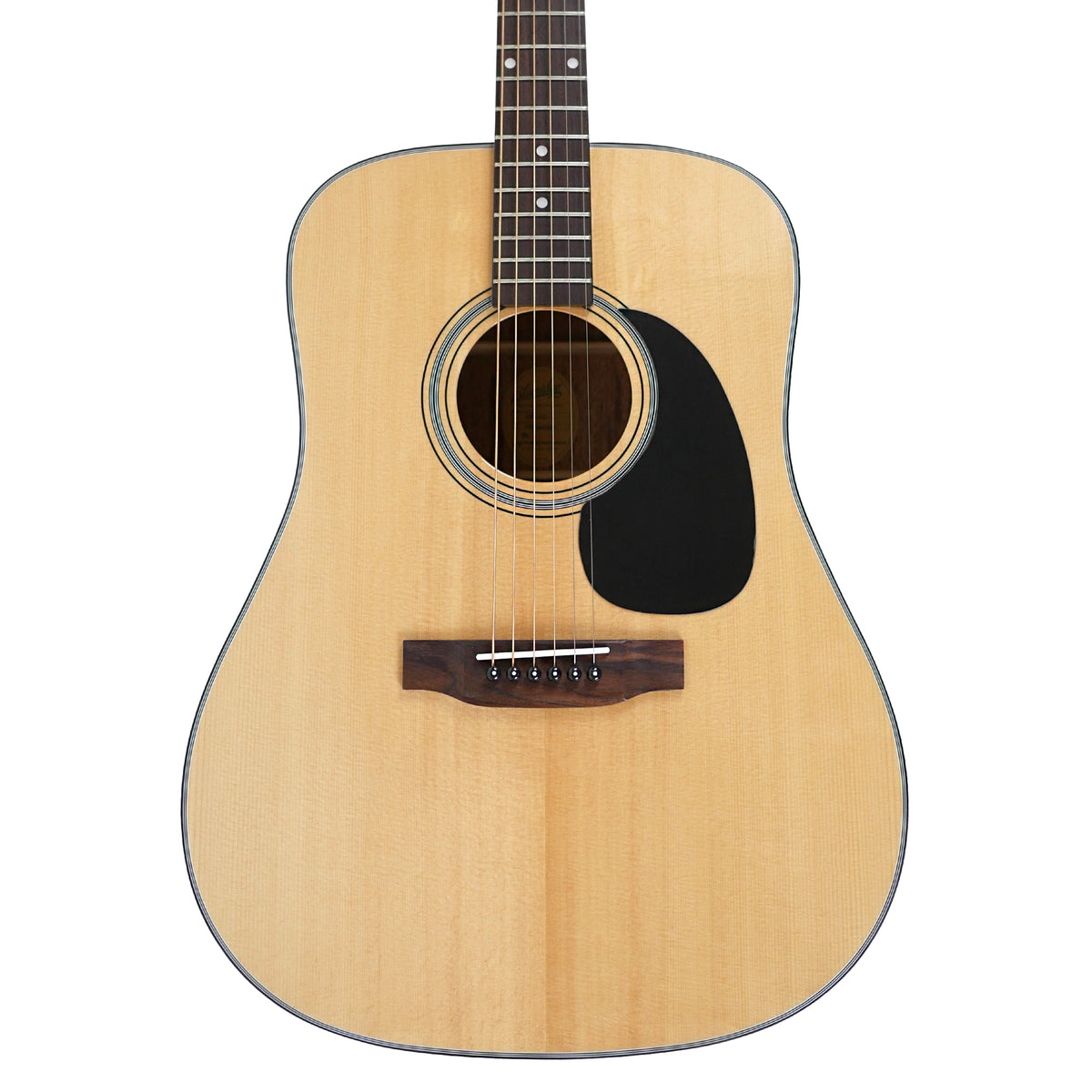 The close-up front view highlights the solid Sitka spruce top, black pickguard, and rosewood bridge of the Blueridge BR-40 Dreadnought Guitar.