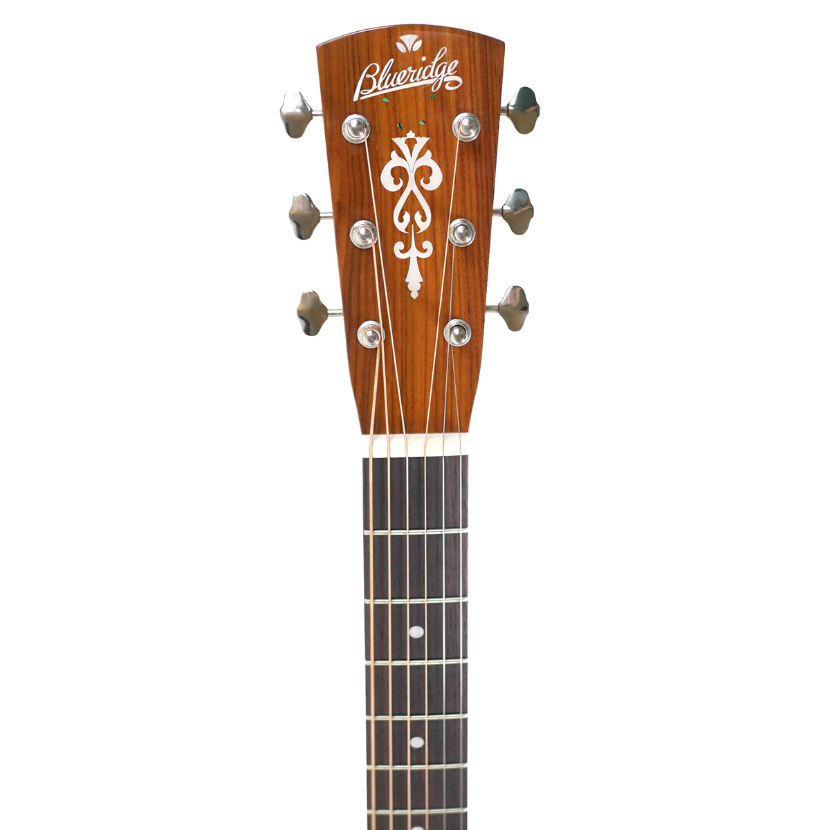 The headstock close-up displays the decorative inlay and nickel-plated tuners of the Blueridge BR-40 Dreadnought Guitar.