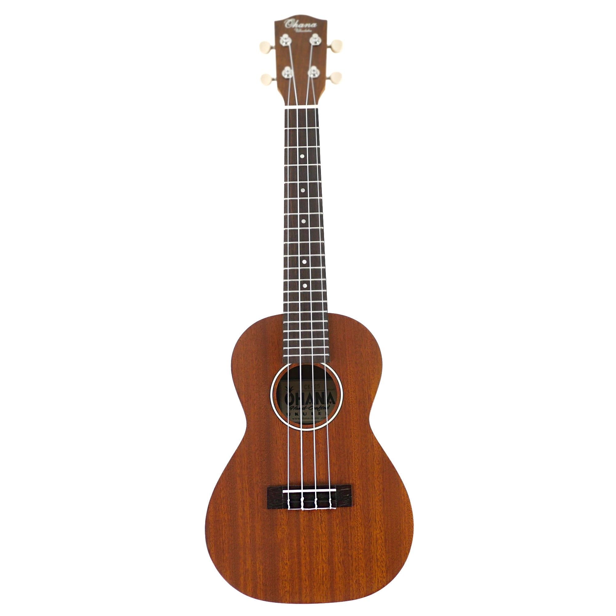 Full front view of the Ohana CK-25 Concert Ukulele featuring all-solid mahogany construction and a satin finish.