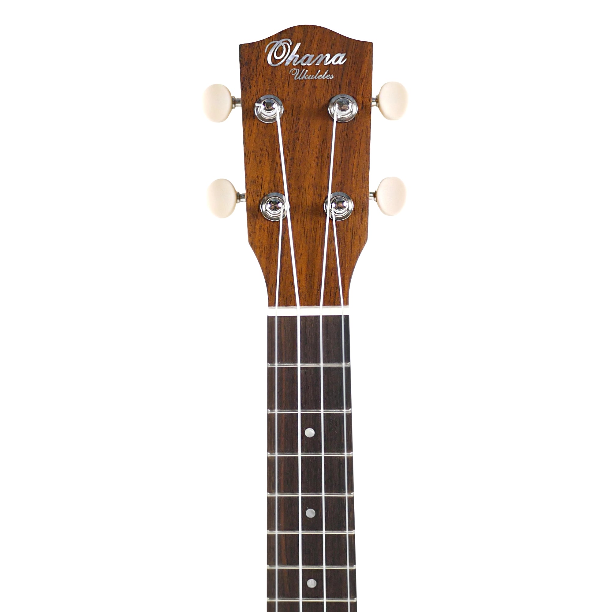 Close-up of the mahogany headstock, hardwood fretboard, bone nut, and Grover open-geared tuners.