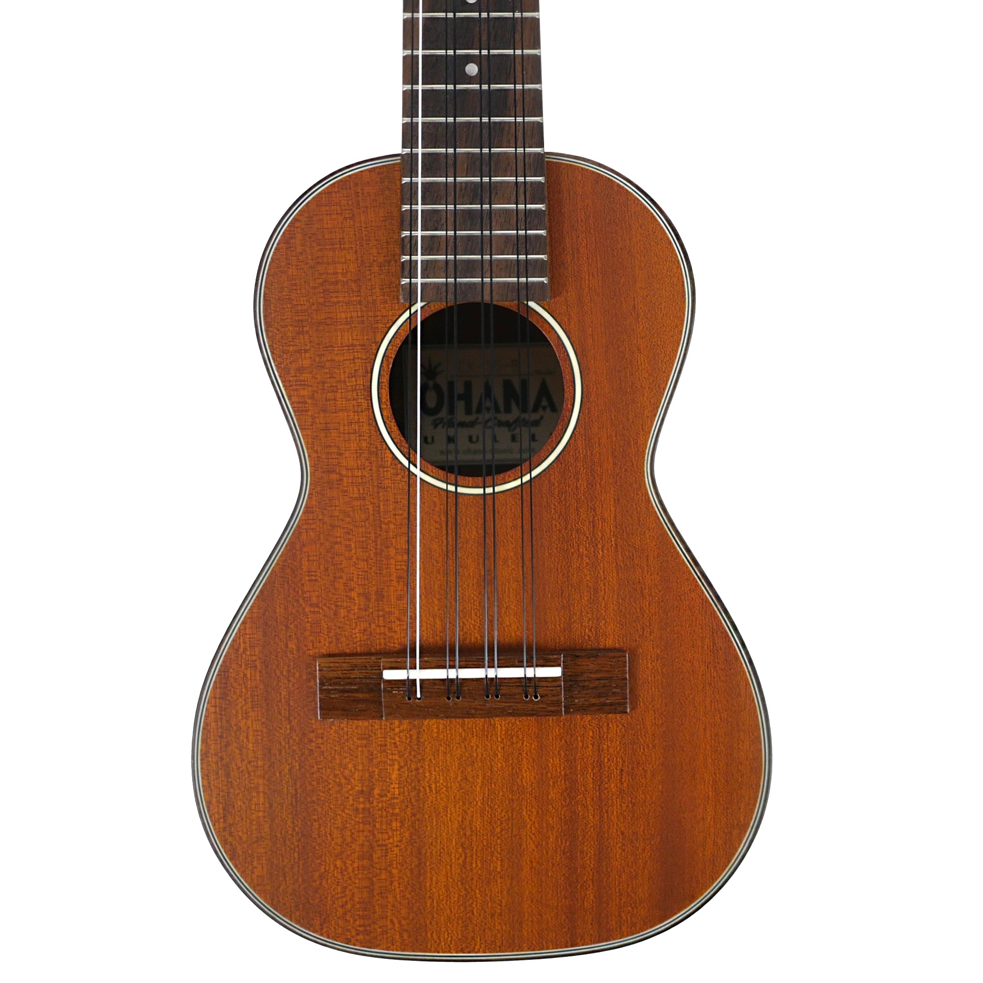 Close-up front view of the Ohana CK-35-8 highlighting its solid mahogany top, hardwood bridge, and black-white-black rosette.