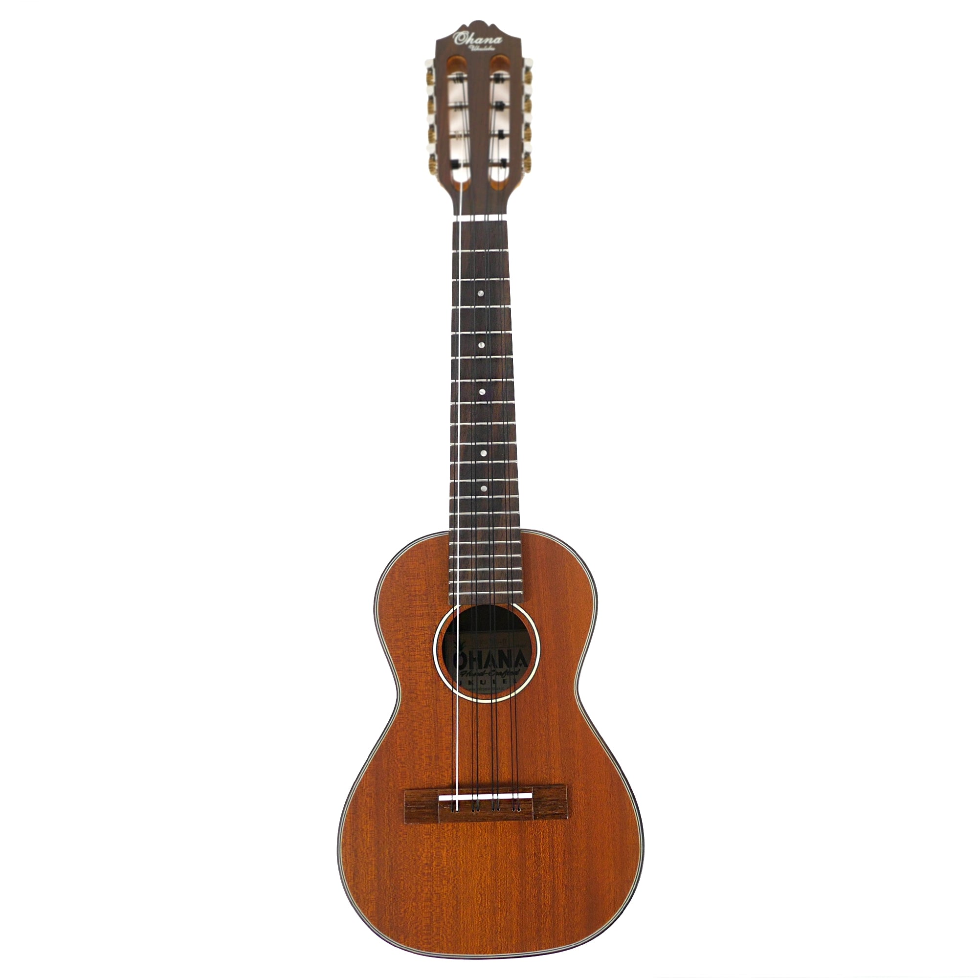 Full front view of the Ohana CK-35-8 8-String Concert Ukulele featuring all-solid mahogany construction and a satin finish.