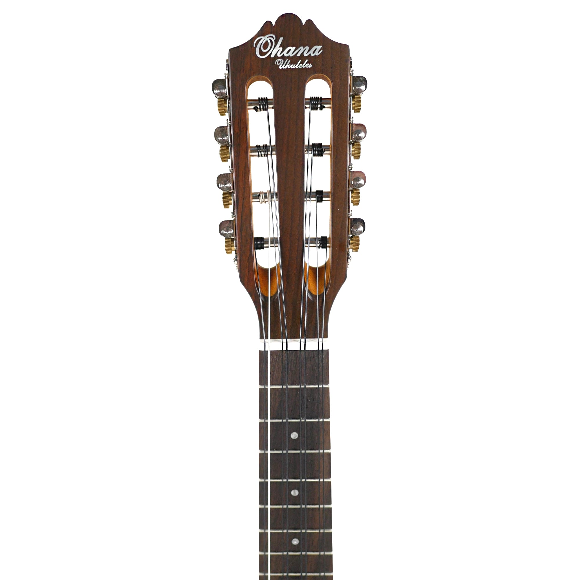 Close-up of the open-slotted headstock highlighting the eight-string configuration and classic antique open-geared tuners.