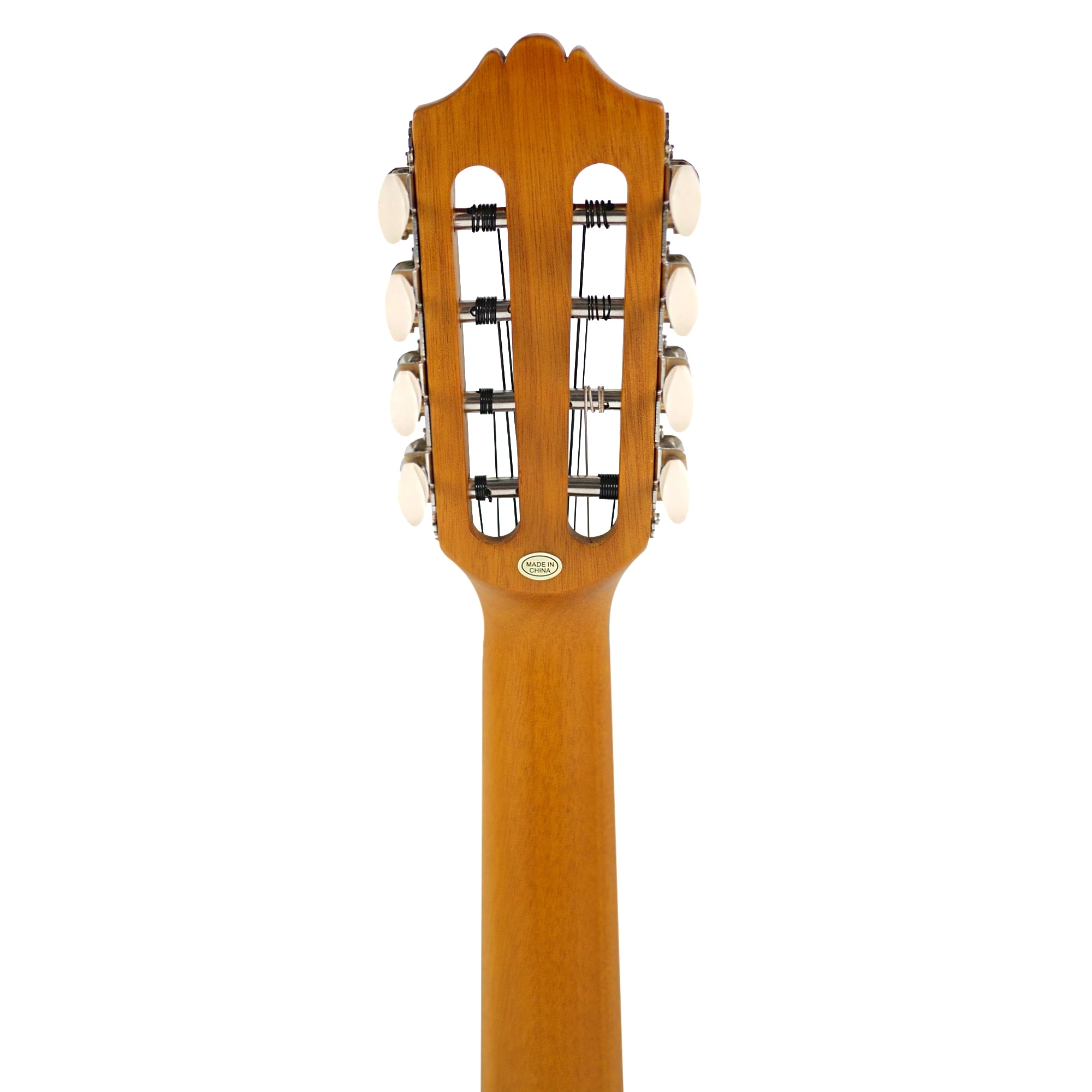 Rear view of the open-slotted headstock and neck highlighting the eight classic antique open-geared tuners.