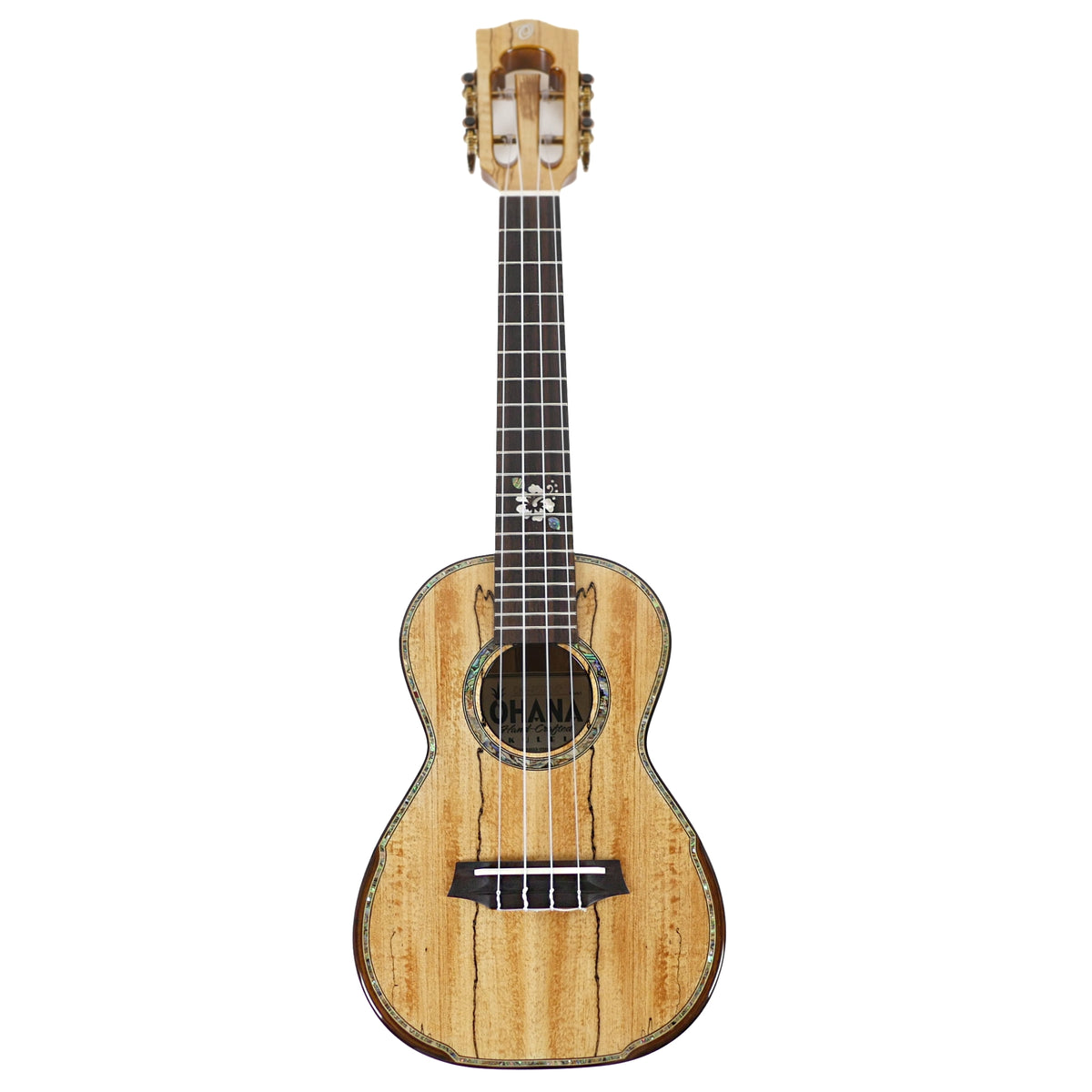 The Ohana CK-450SMP Concert Ukulele front view showcases its solid spalted maple construction, gloss finish, and decorative fretboard inlay.