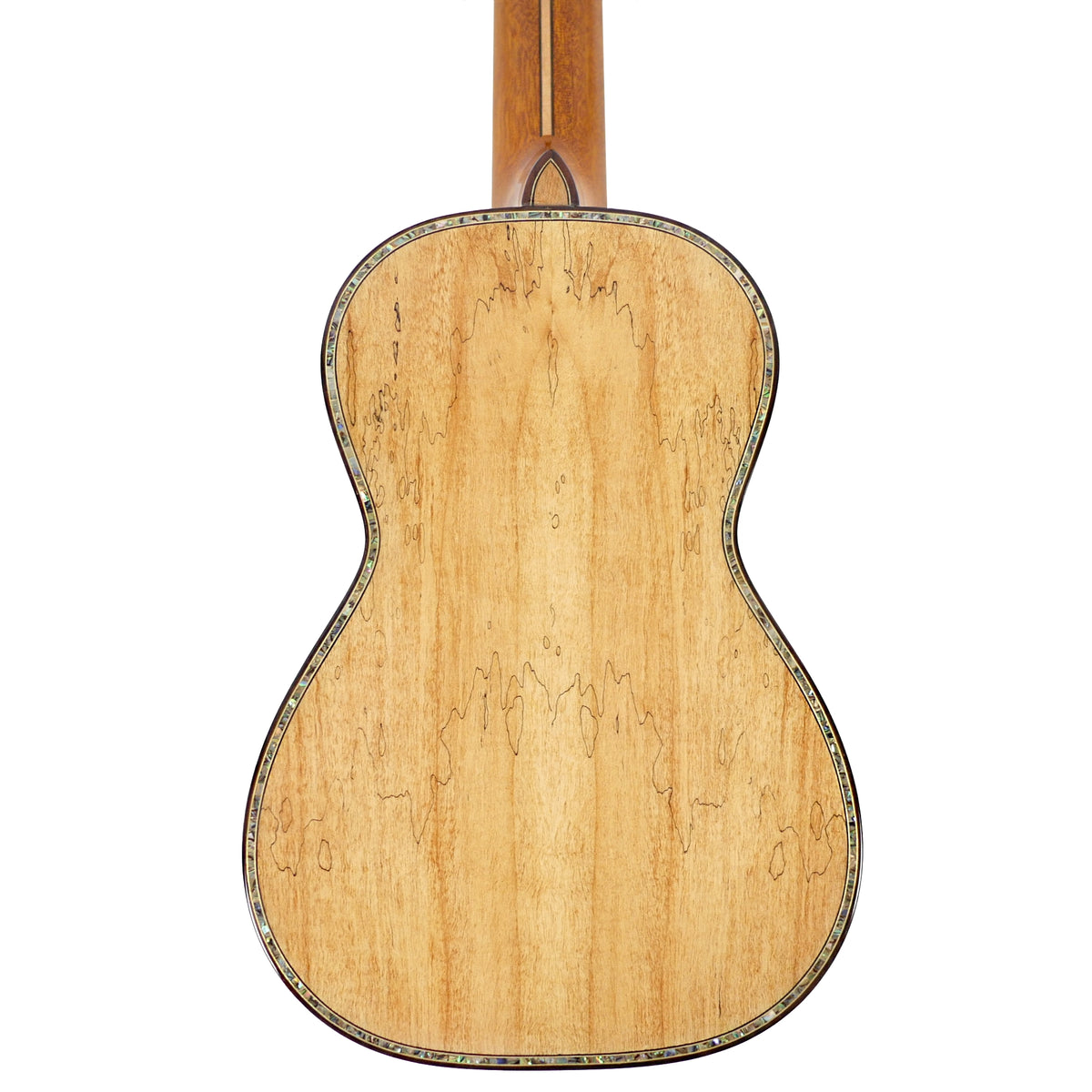 The back of the Ohana CK-450SMP Concert Ukulele highlights the distinctive grain of its solid spalted maple back and abalone purfling.