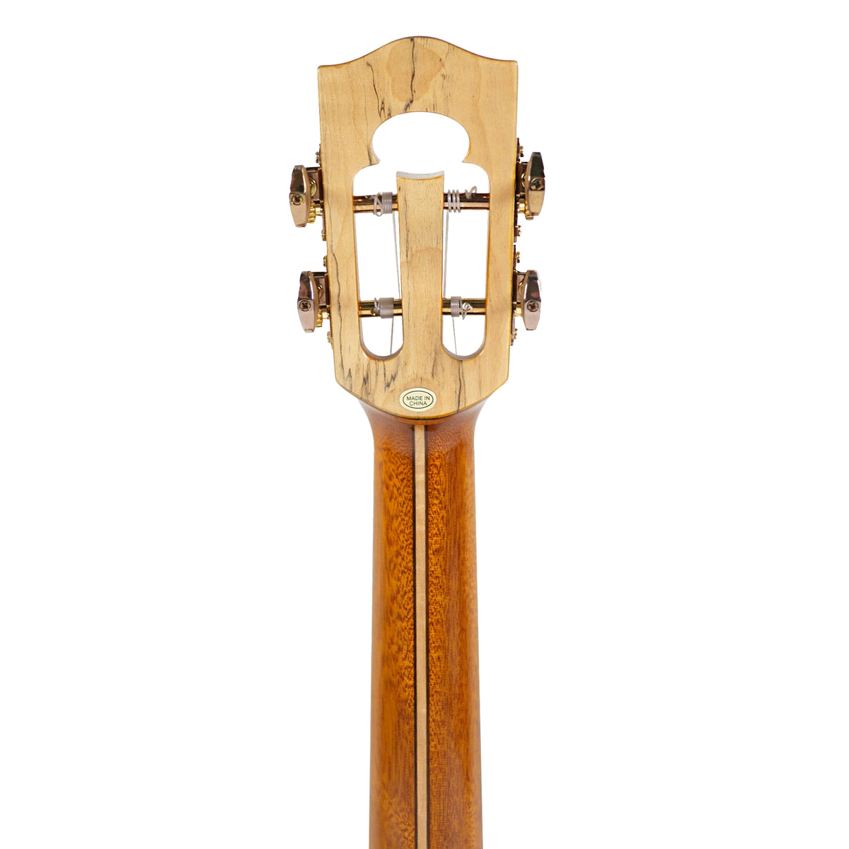 The Ohana CK-450SMP Concert Ukulele rear headstock view shows its open-slotted design, deluxe tuners, and neck detailing.