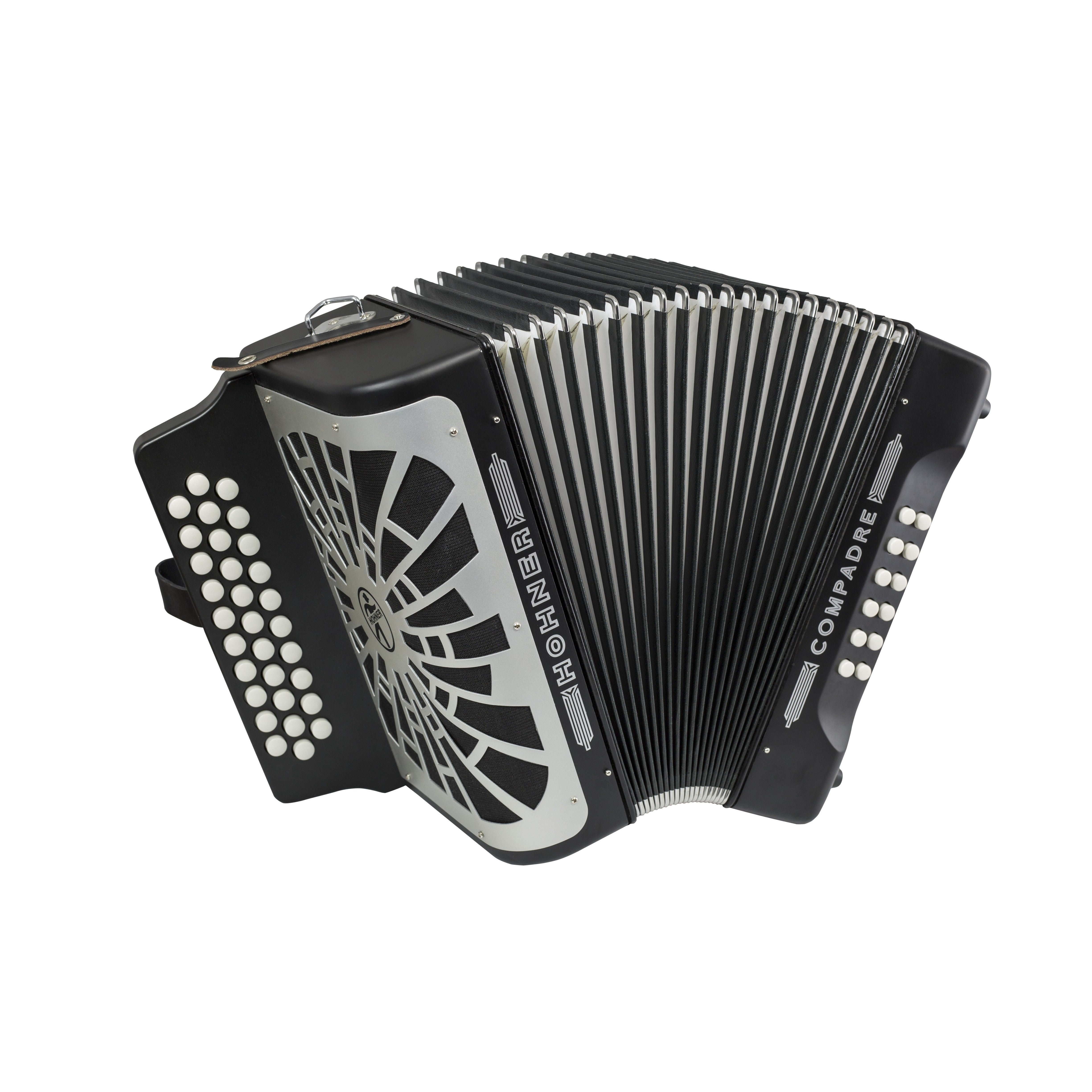 Hohner Compadre GCF Black diatonic accordion three-quarter view