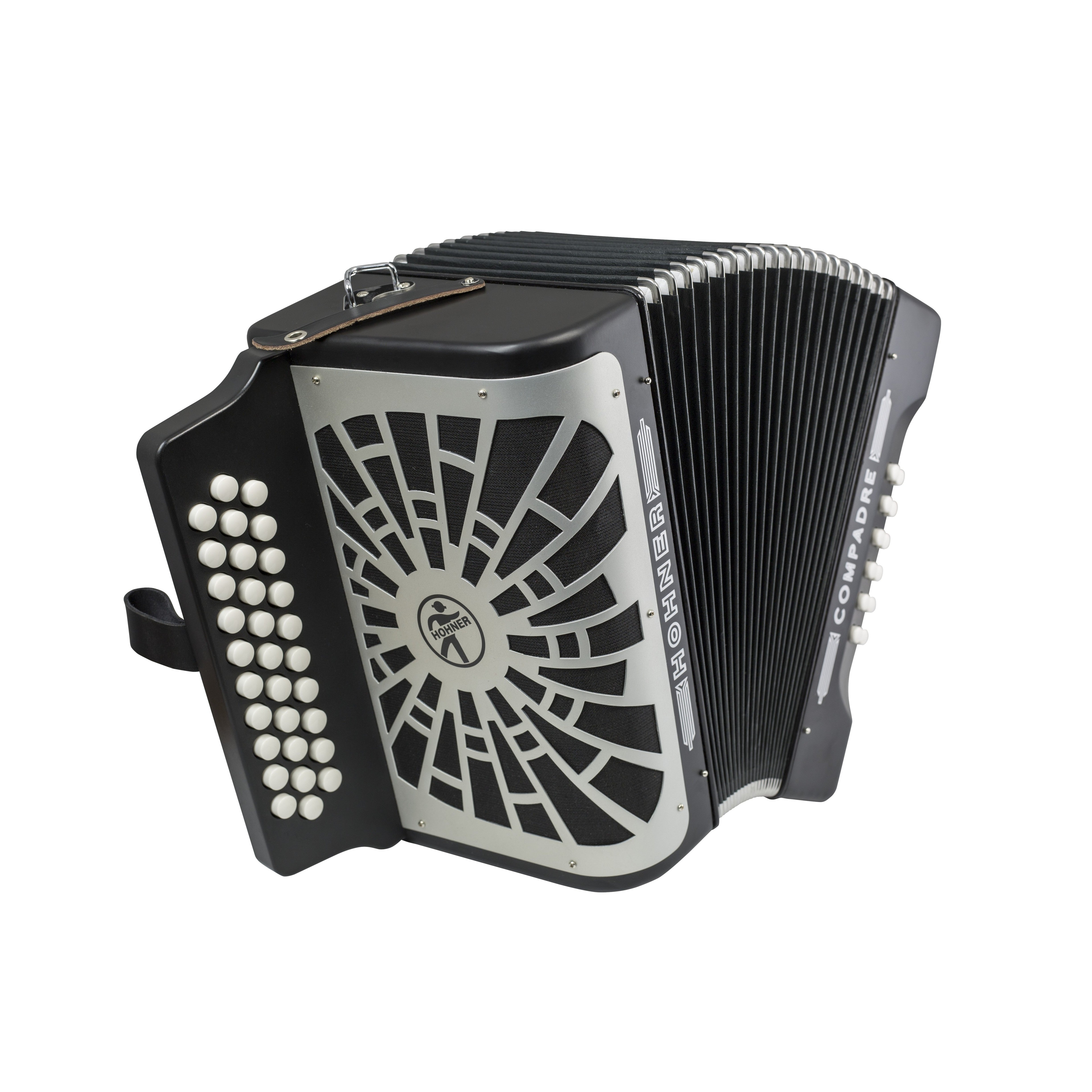 Hohner Compadre GCF Black accordion side profile with strap