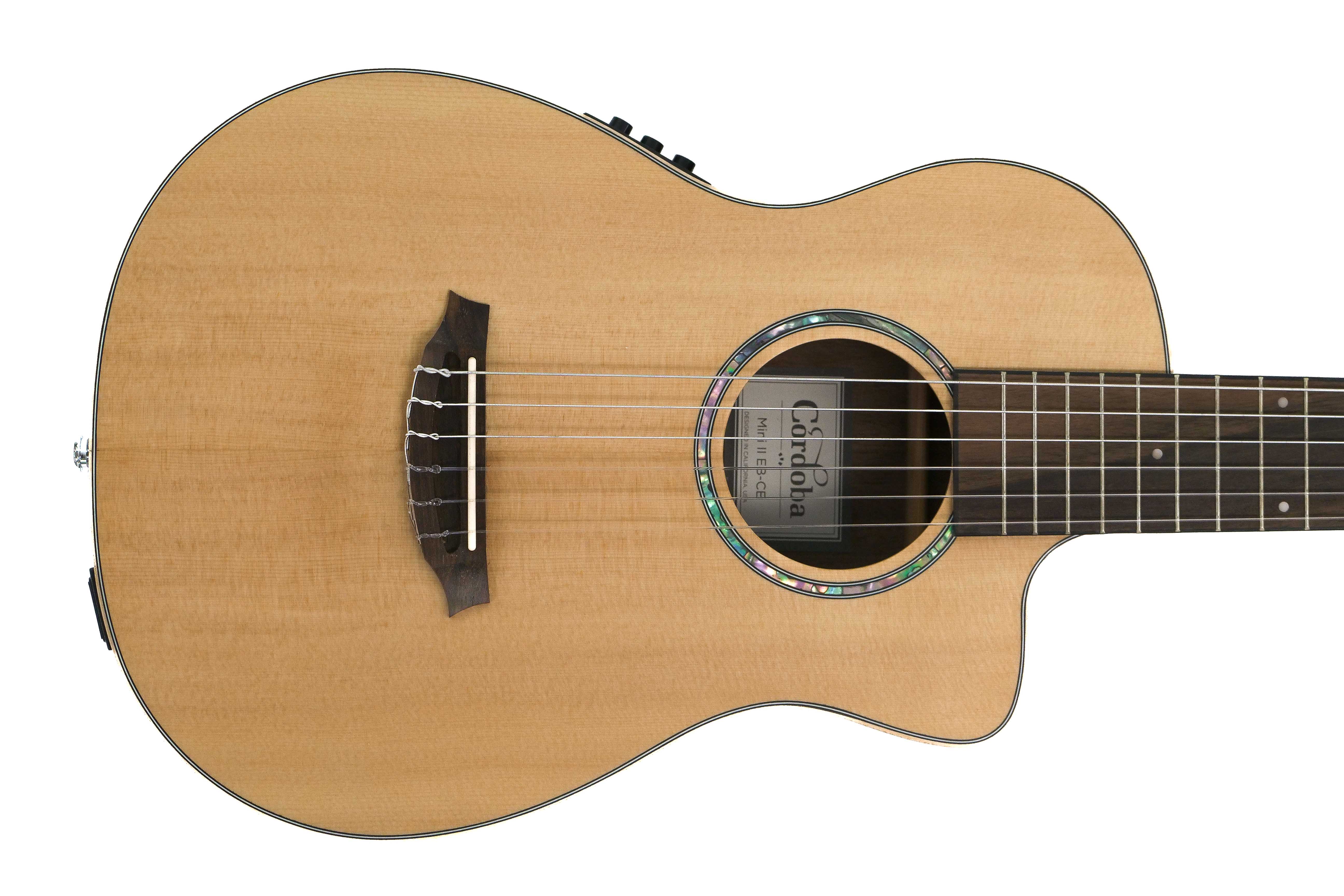 Cordoba Mini II EB-CE Travel Size Guitar Solid Spruce Top Striped Ebony "Granada" Tuned E to E