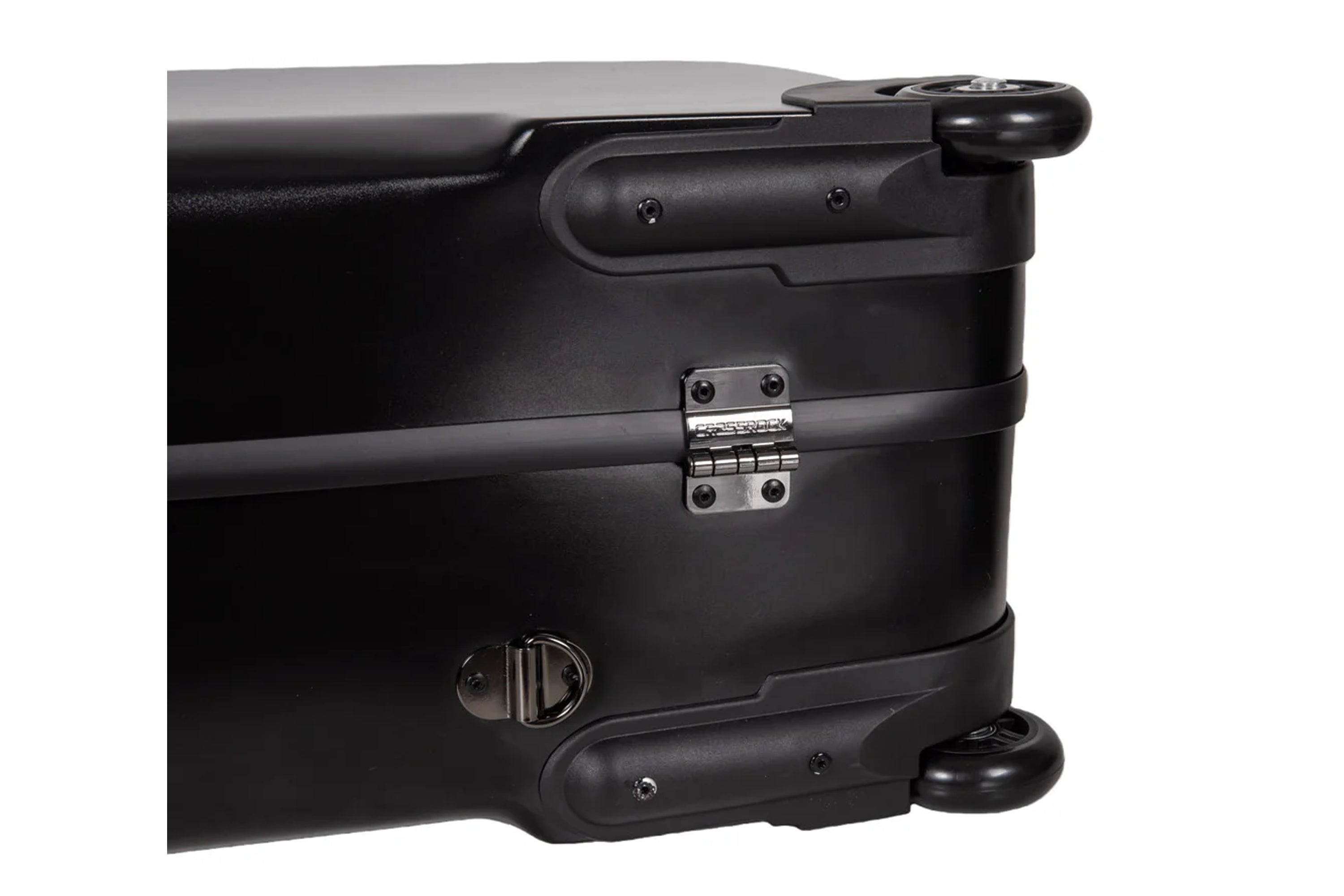 bottom of the case - hinge and wheels and strap hook