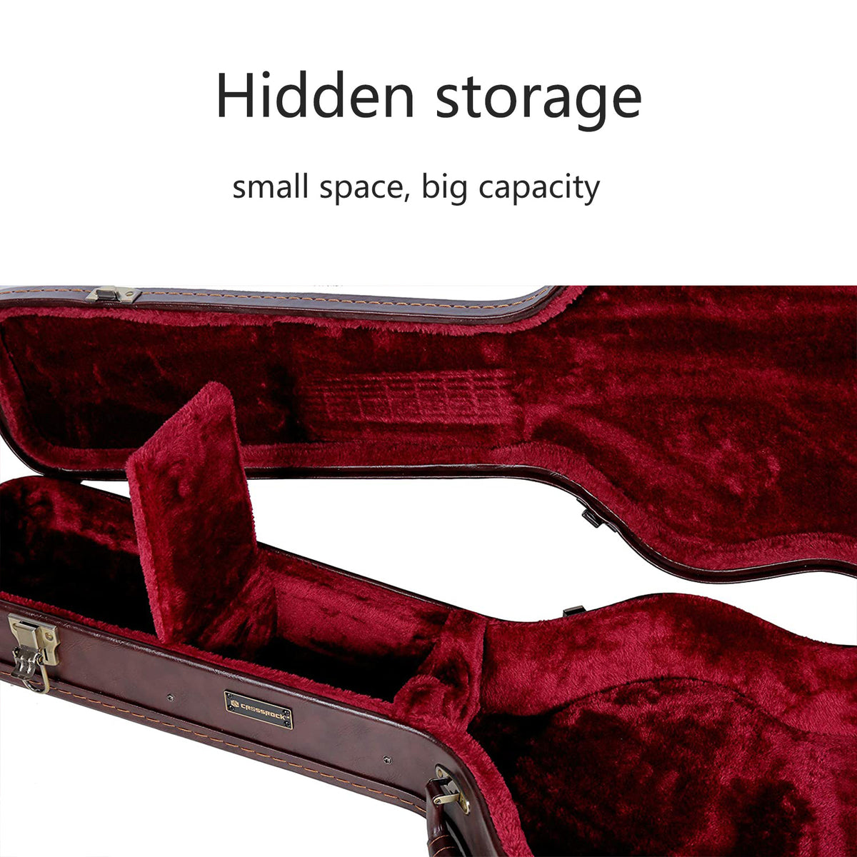 Crossrock CRW620D brown wood jumbo dreadnought guitar case, interior view.