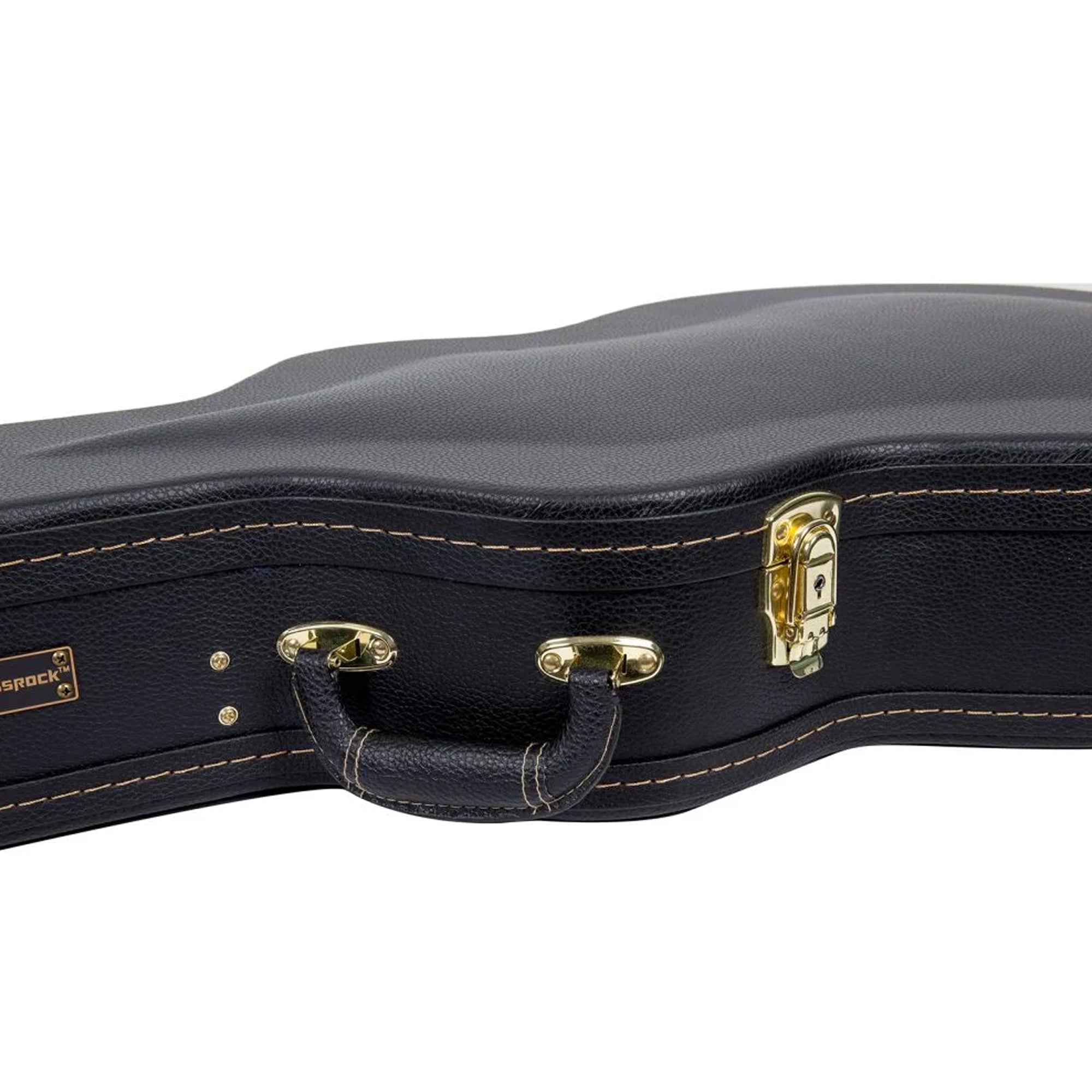 Black guitar case with gold hardware on a white background