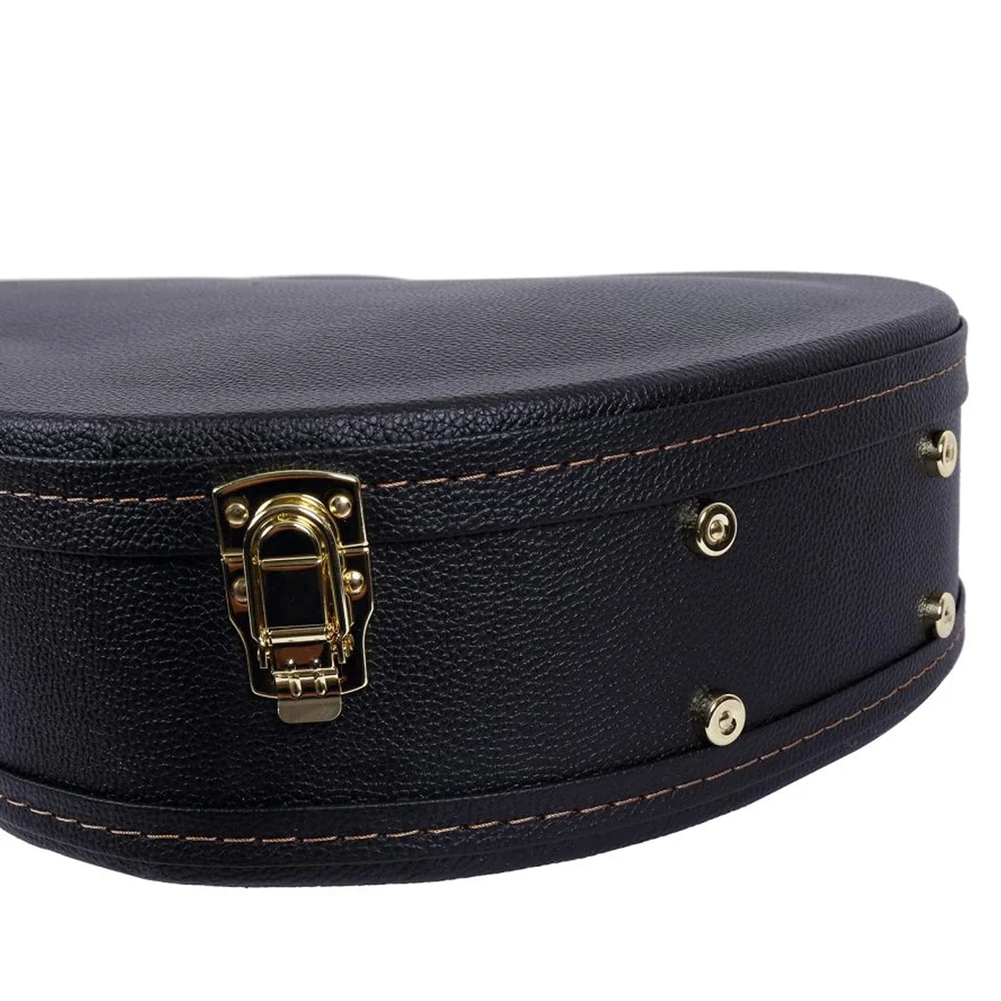 Black guitar case with gold hardware on a white background