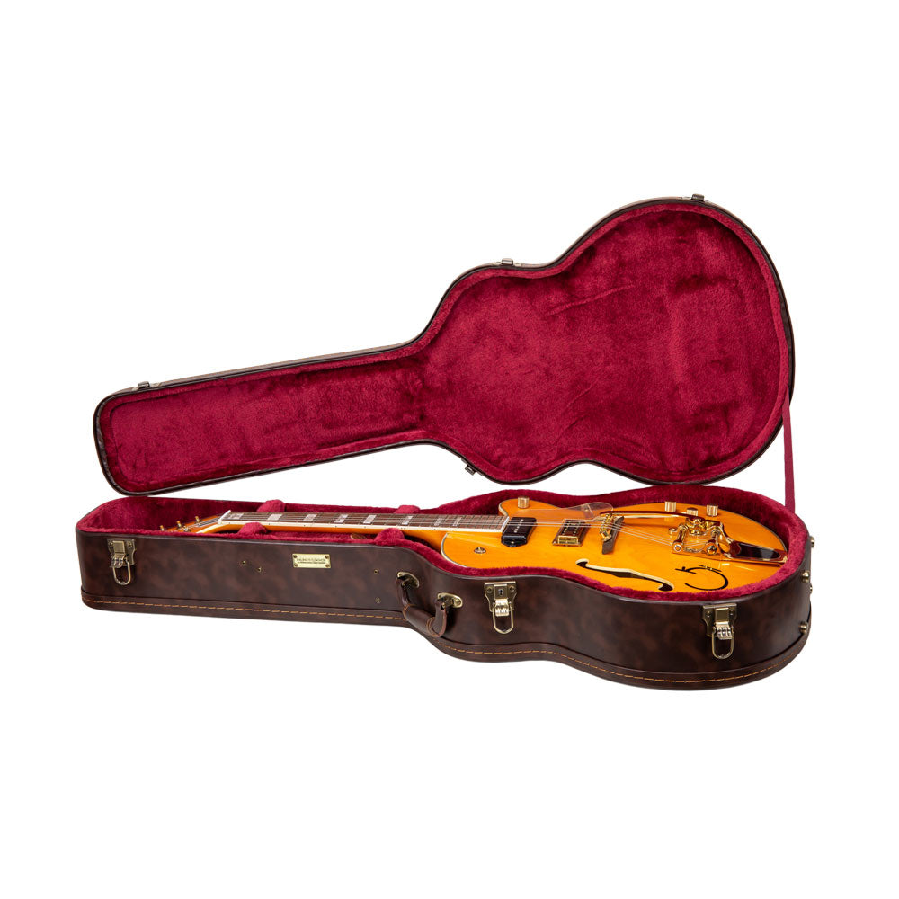 Crossrock CRW620JA16 brown case open with hollowbody archtop jazz guitar inside