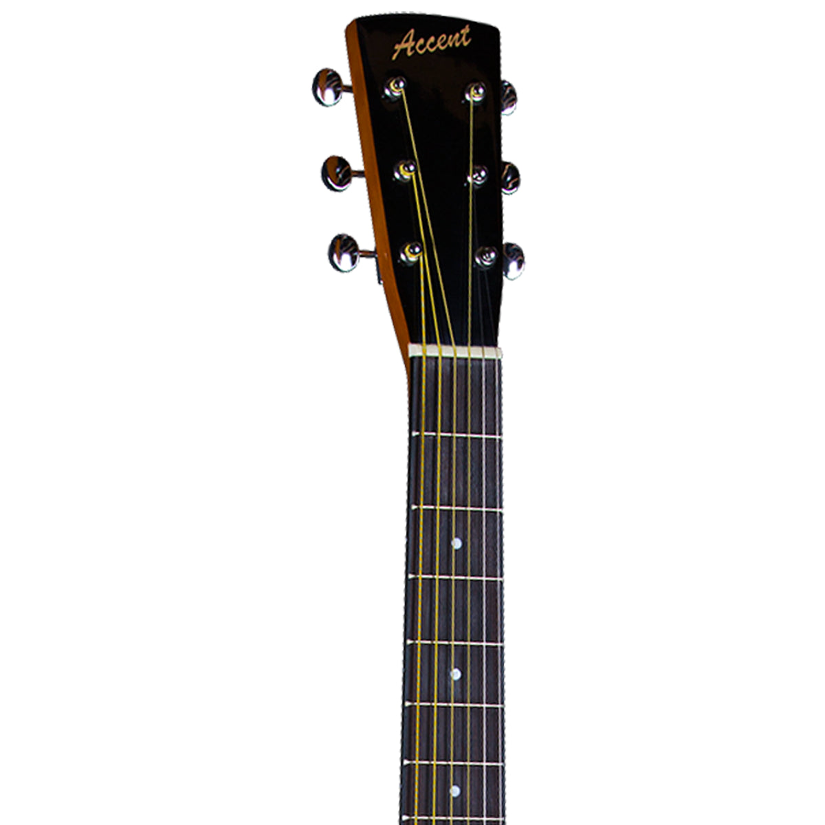 Close-up of the headstock and upper fretboard of an acoustic guitar, showing the brand name 'Accent' in gold script on a black headstock, with six tuning pegs and six strings on a plain white background.
