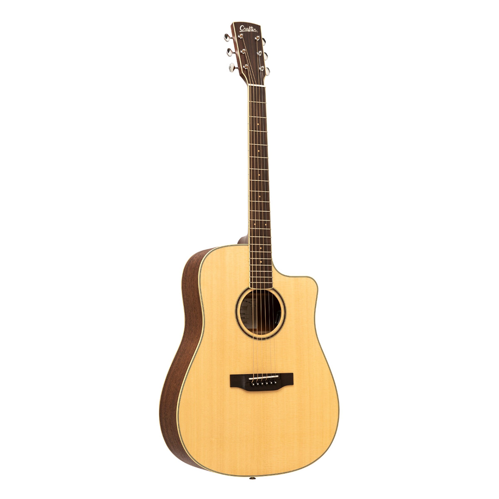 Crafter ES-MAHO DCE guitar with a cutaway on a white background
